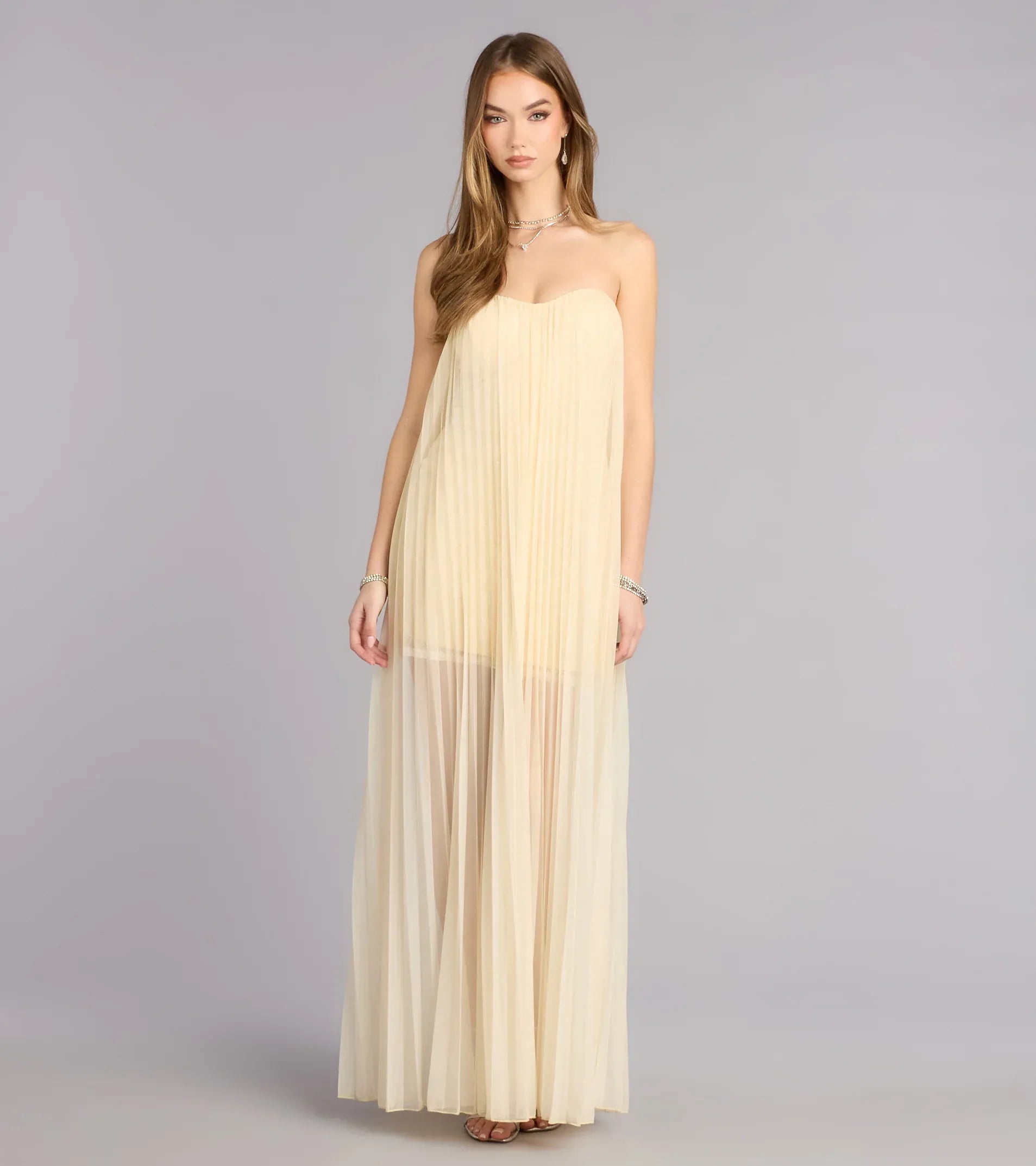 Strapless Sweetheart Pleated Sheer Overlay Loose Maxi Wedding Guest Dress