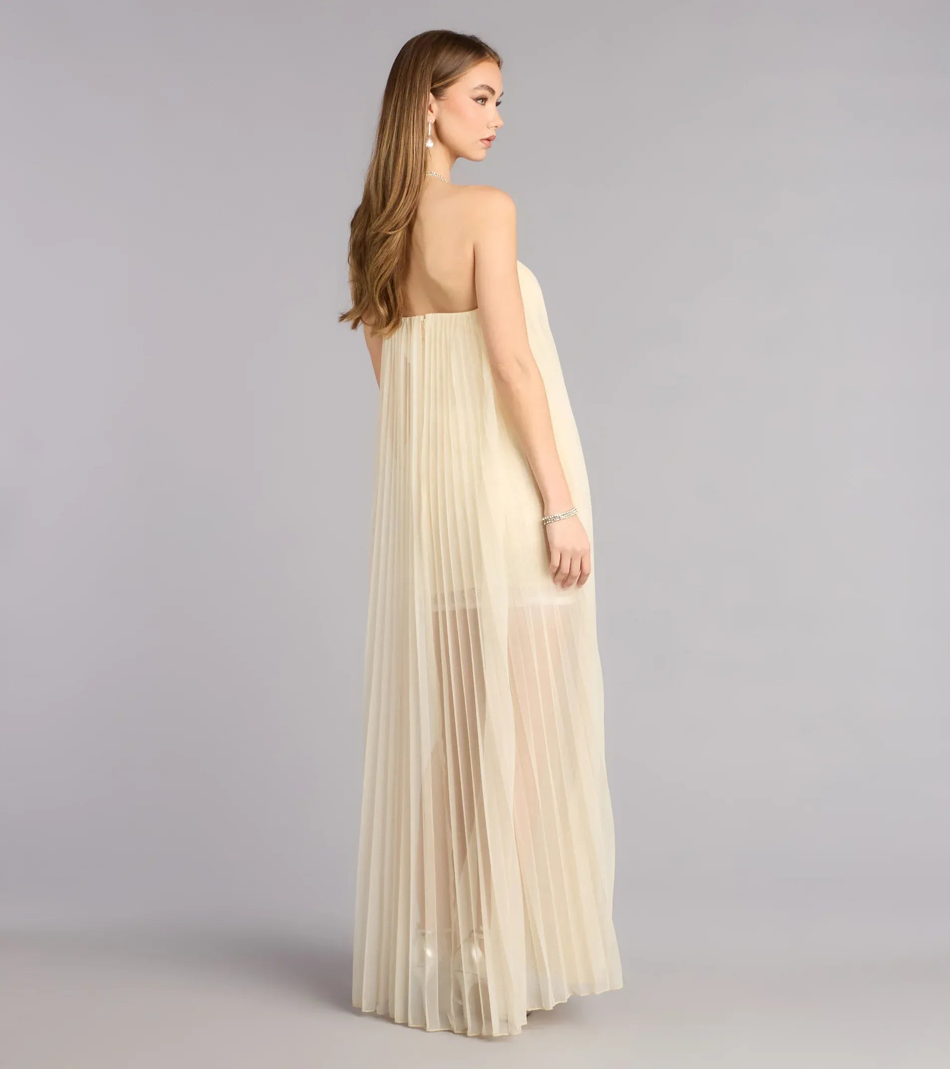 Strapless Sweetheart Pleated Sheer Overlay Loose Maxi Wedding Guest Dress