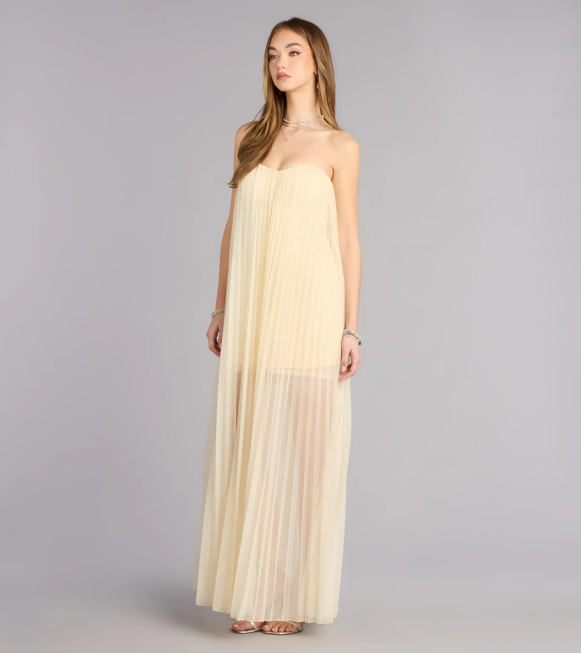 Strapless Sweetheart Pleated Sheer Overlay Loose Maxi Wedding Guest Dress
