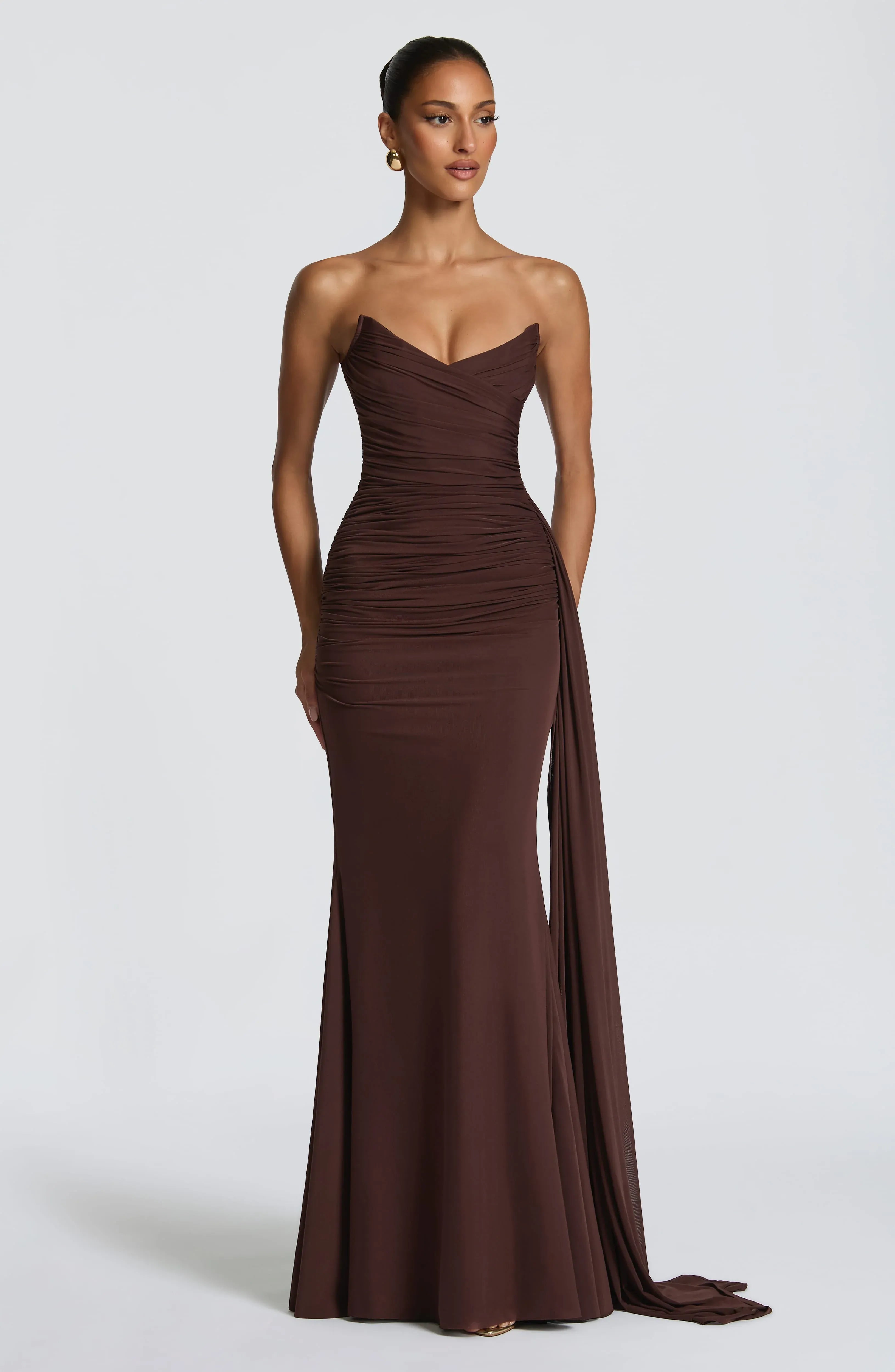 Strapless Sweetheart Ruched Bodice Side Tulle Train Dark Brown Jersey Mermaid Maxi Wedding Guest Dresses
