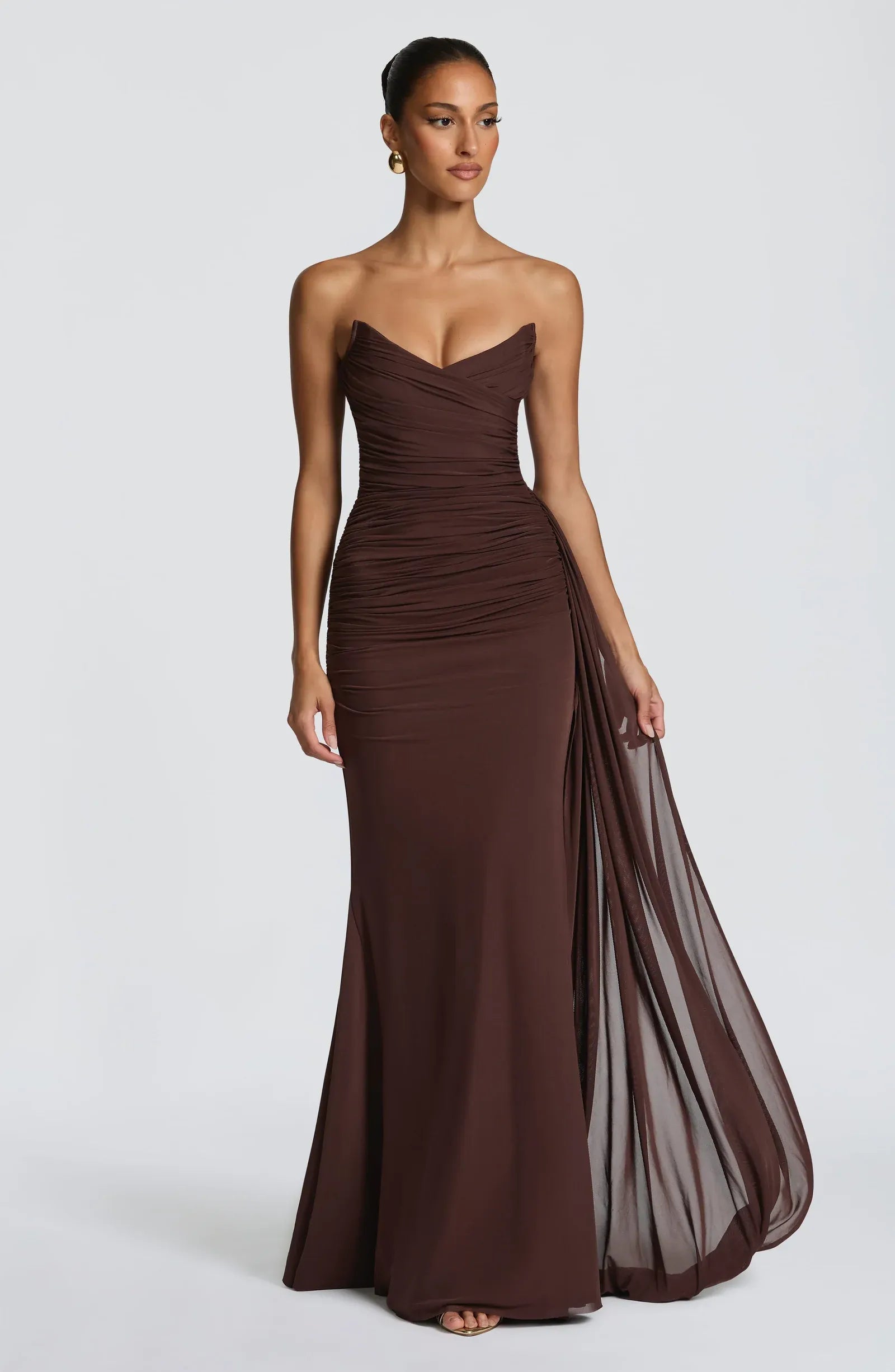 Strapless Sweetheart Ruched Bodice Side Tulle Train Dark Brown Jersey Mermaid Maxi Wedding Guest Dresses