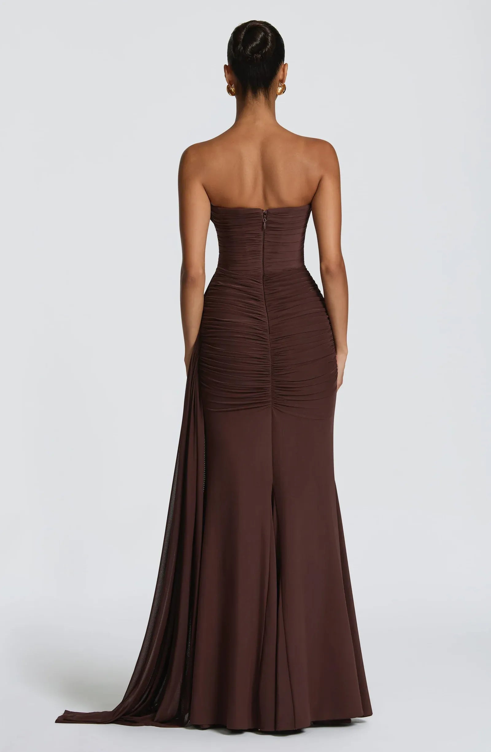Strapless Sweetheart Ruched Bodice Side Tulle Train Dark Brown Jersey Mermaid Maxi Wedding Guest Dresses