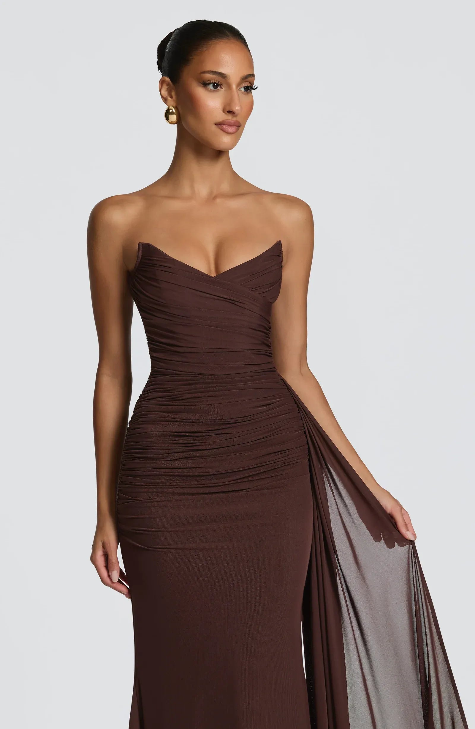 Strapless Sweetheart Ruched Bodice Side Tulle Train Dark Brown Jersey Mermaid Maxi Wedding Guest Dresses