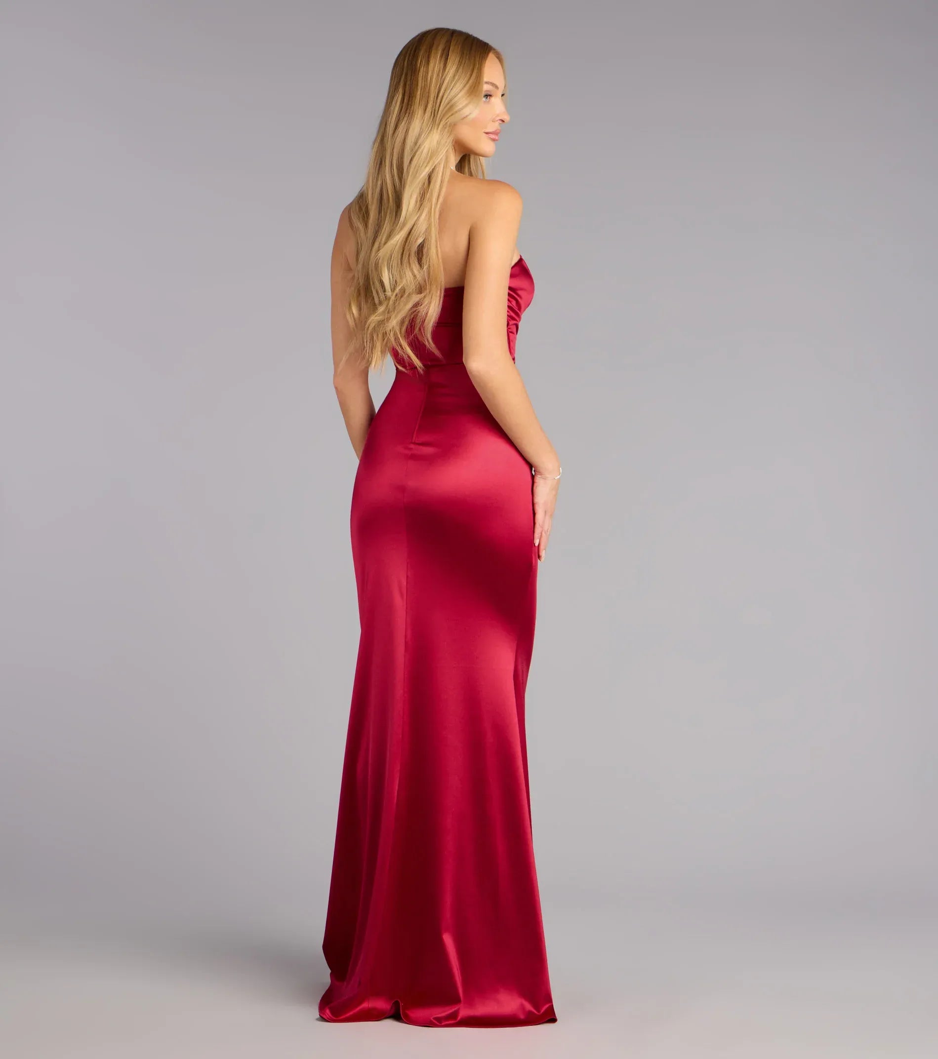 Strapless Sweetheart Ruched Satin Mermaid Maxi Wedding Guest Dress
