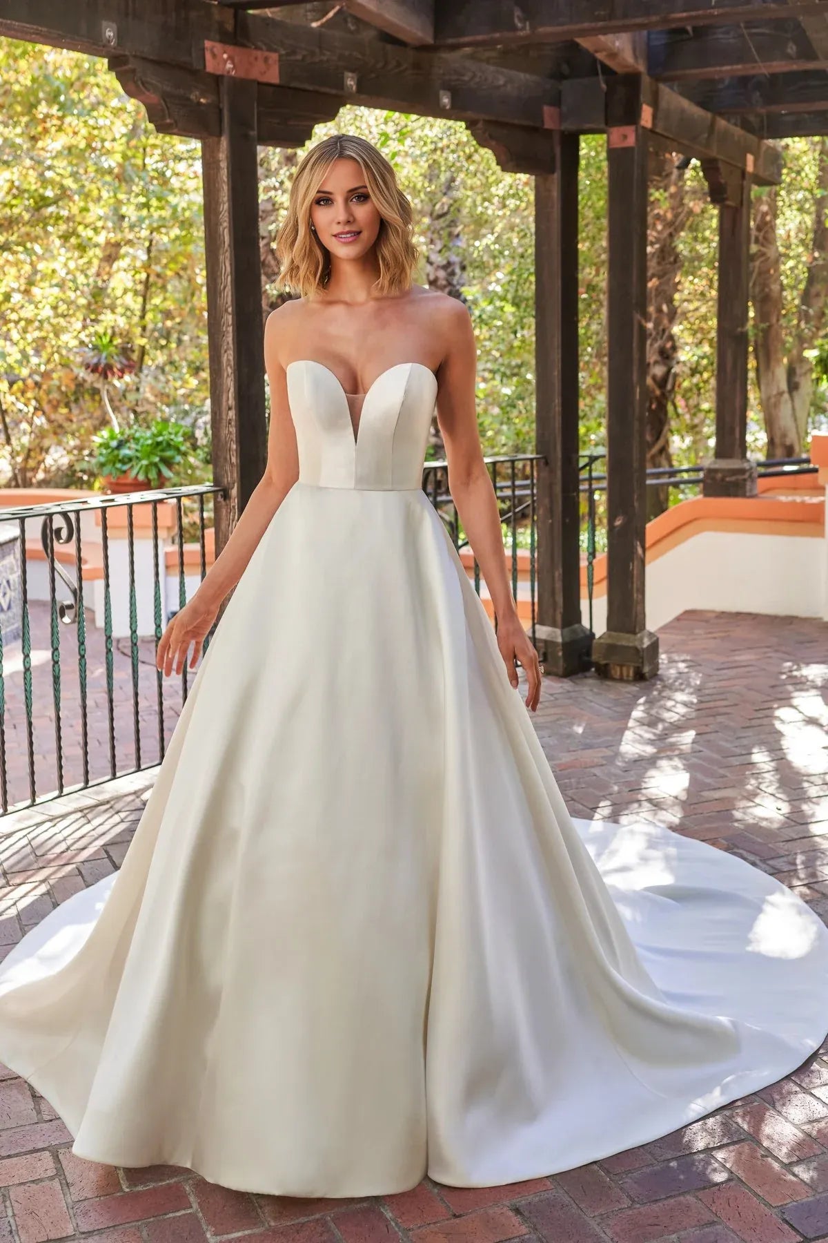 Strapless Sweetheart Satin A‑Line Wedding Dress With Low‑V‑Pearl‑Button‑Back Detail