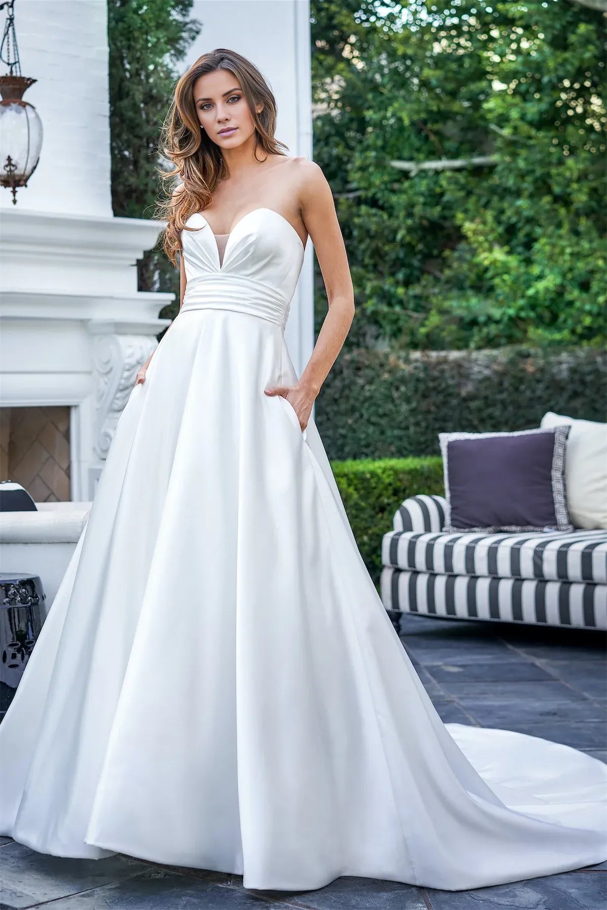 Strapless Sweetheart Satin A‑Line Wedding Dress With Pockets & Pearl‑Button‑Back Detail