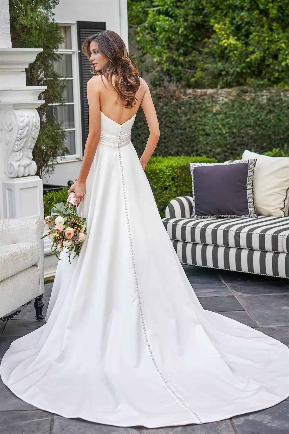 Strapless Sweetheart Satin A‑Line Wedding Dress With Pockets & Pearl‑Button‑Back Detail