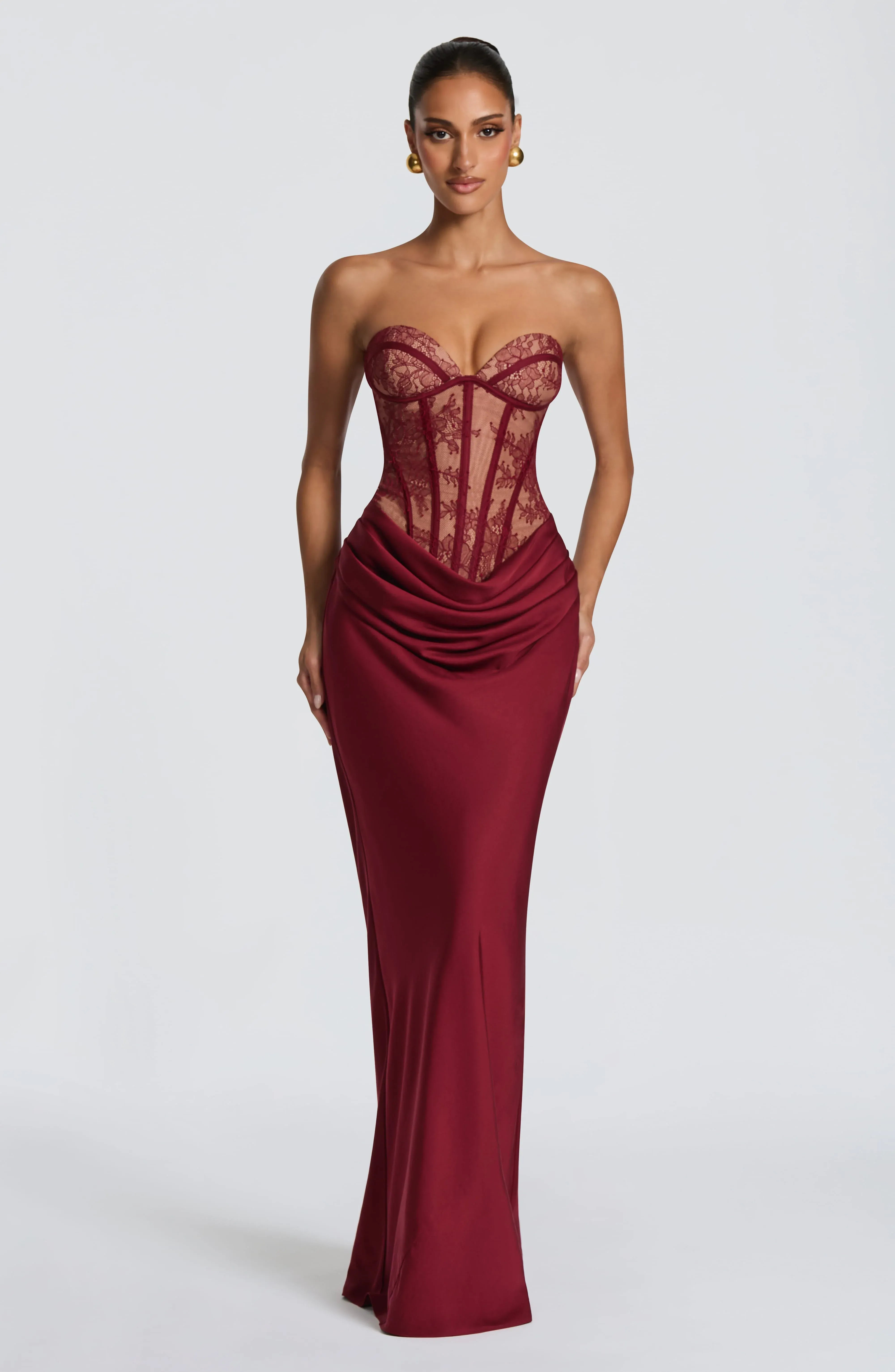 Strapless Sweetheart Sheer Lace Corset Back Lace Up Plain Slit Burgundy Satin Mermaid Maxi Wedding Guest Dresses