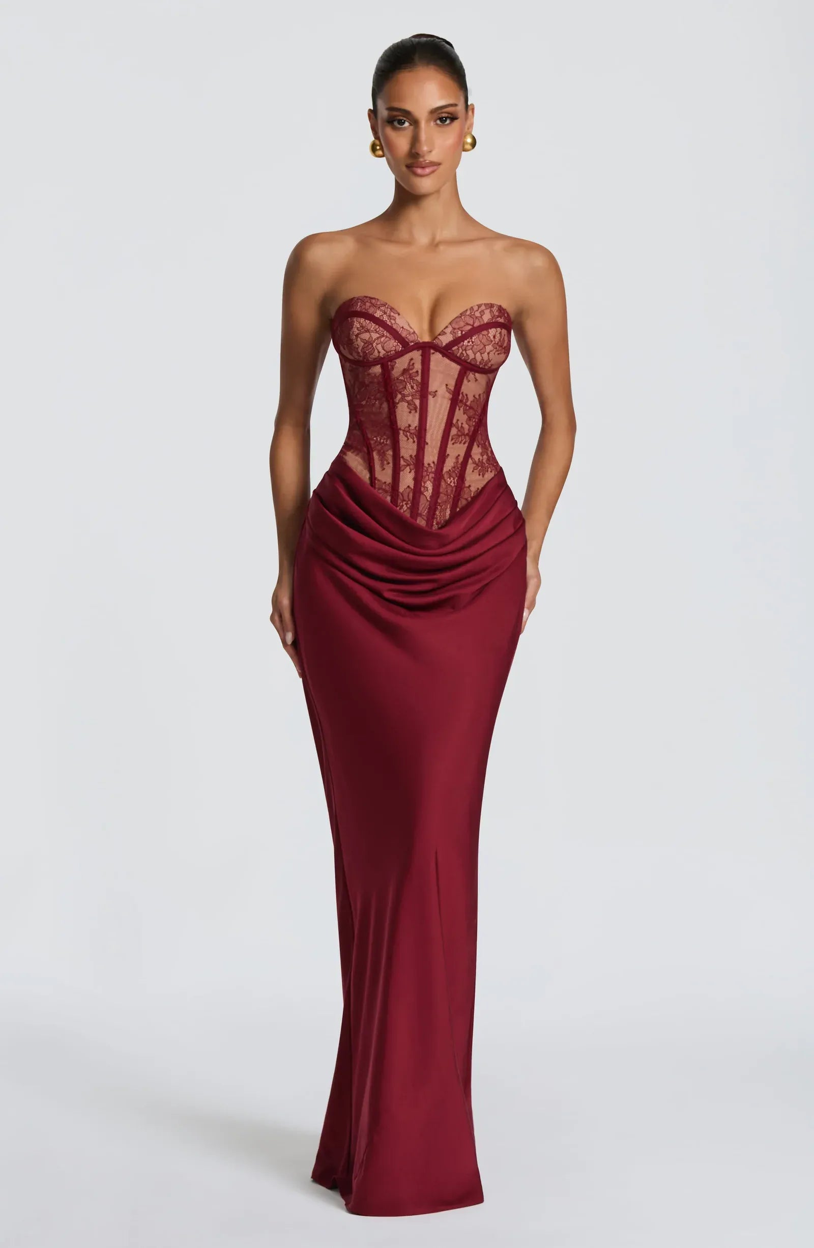Strapless Sweetheart Sheer Lace Corset Back Lace Up Plain Slit Burgundy Satin Mermaid Maxi Wedding Guest Dresses