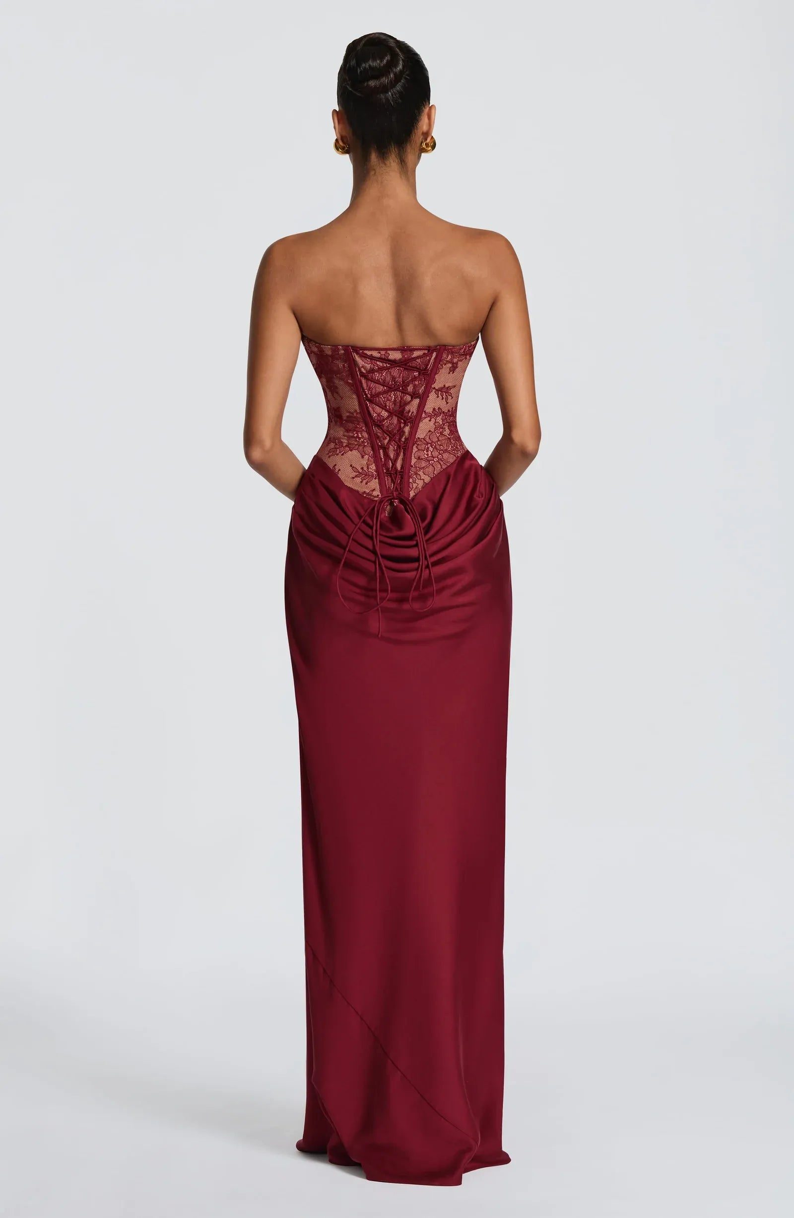 Strapless Sweetheart Sheer Lace Corset Back Lace Up Plain Slit Burgundy Satin Mermaid Maxi Wedding Guest Dresses