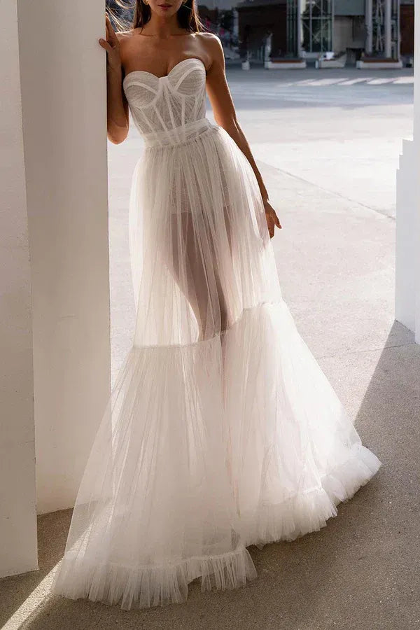 Strapless Sweetheart Sheer Mesh Corset Tiered Ruffle Tulle A-Line Wedding Dress