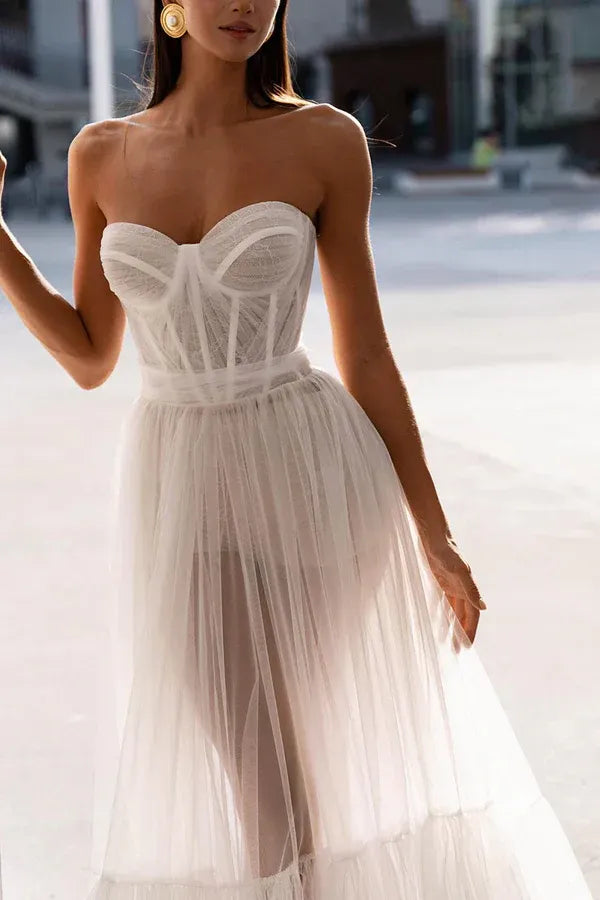 Strapless Sweetheart Sheer Mesh Corset Tiered Ruffle Tulle A-Line Wedding Dress