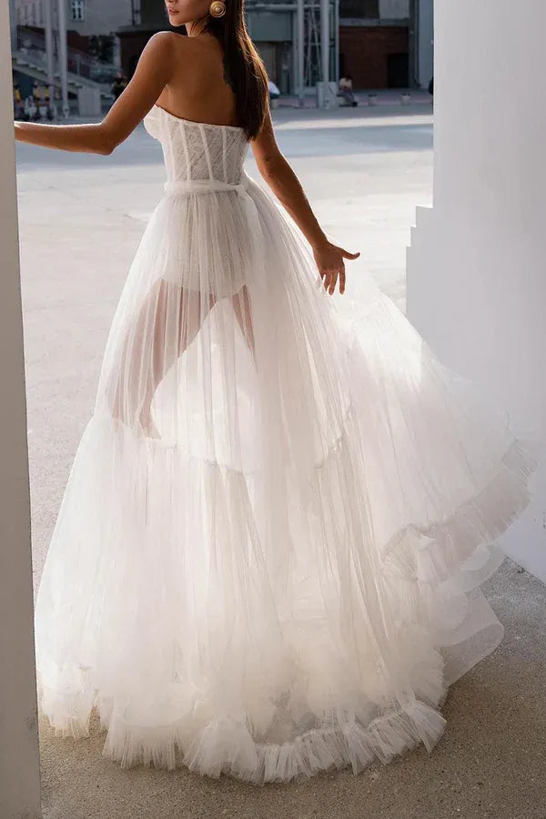Strapless Sweetheart Sheer Mesh Corset Tiered Ruffle Tulle A-Line Wedding Dress