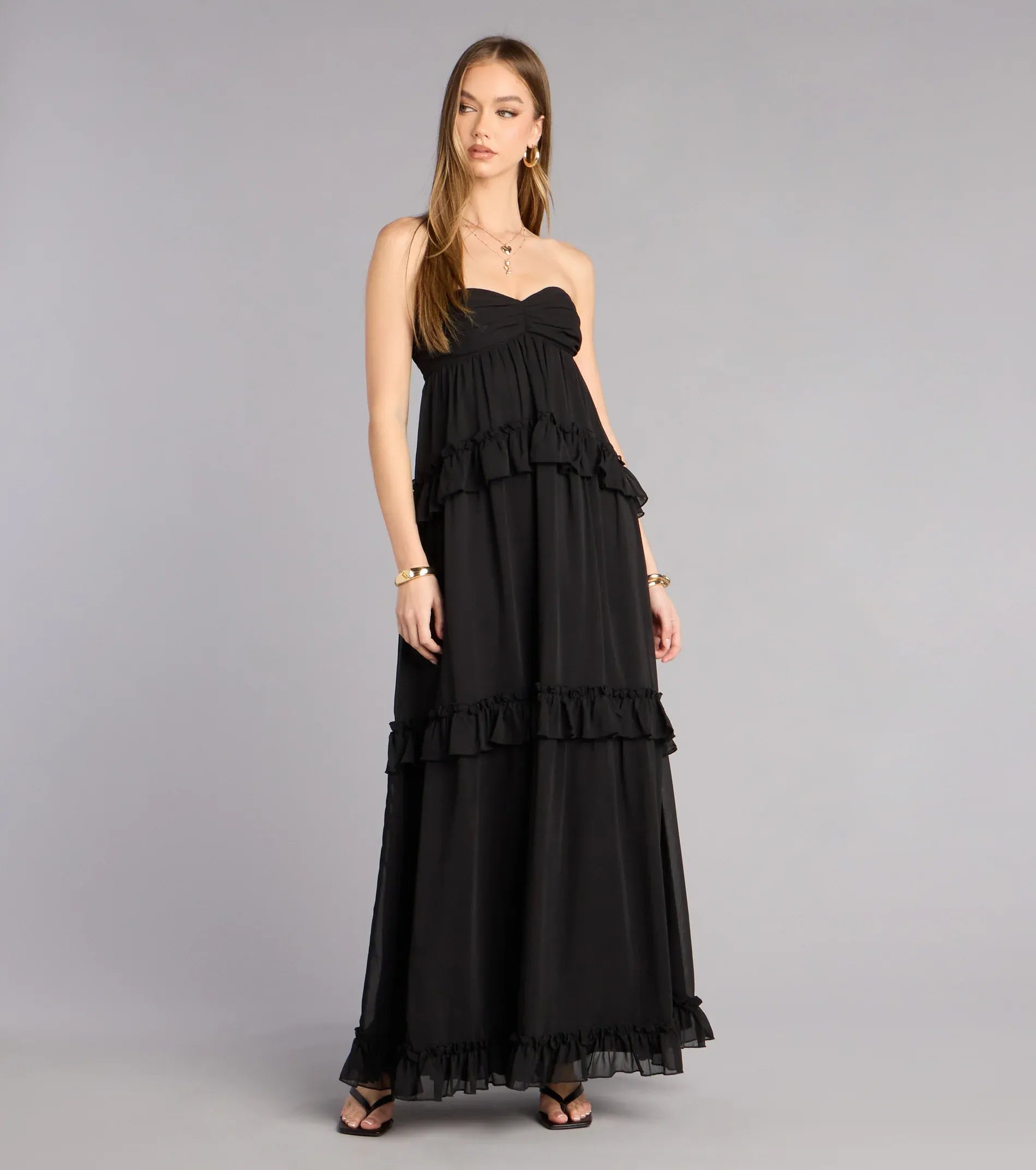 Strapless Sweetheart Tiered Ruffle Chiffon Maxi Wedding Guest Dress