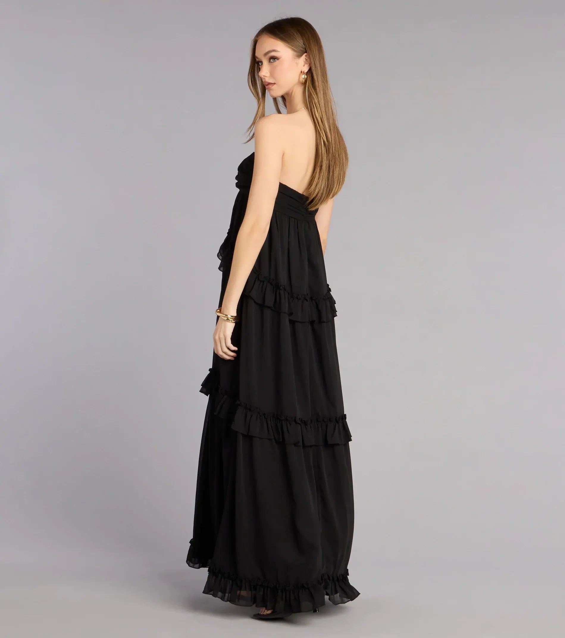 Strapless Sweetheart Tiered Ruffle Chiffon Maxi Wedding Guest Dress
