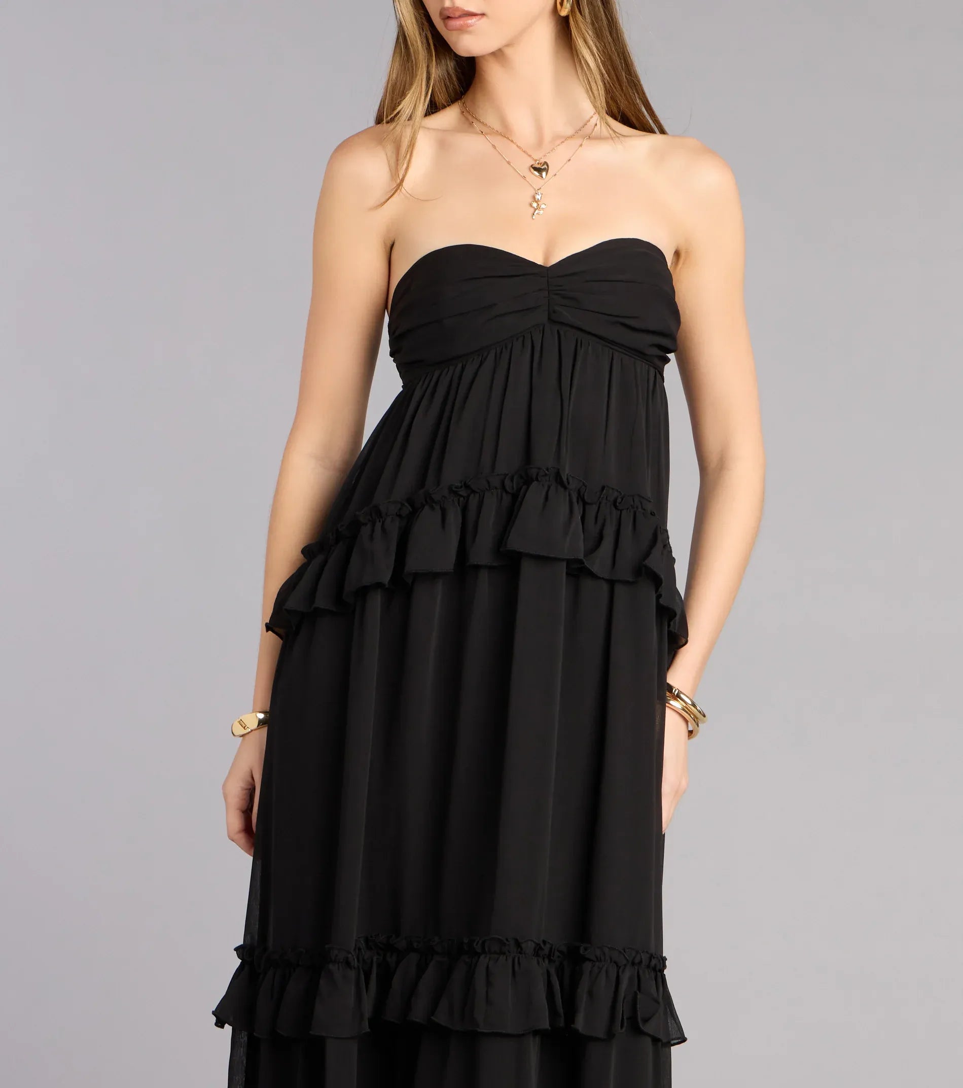 Strapless Sweetheart Tiered Ruffle Chiffon Maxi Wedding Guest Dress