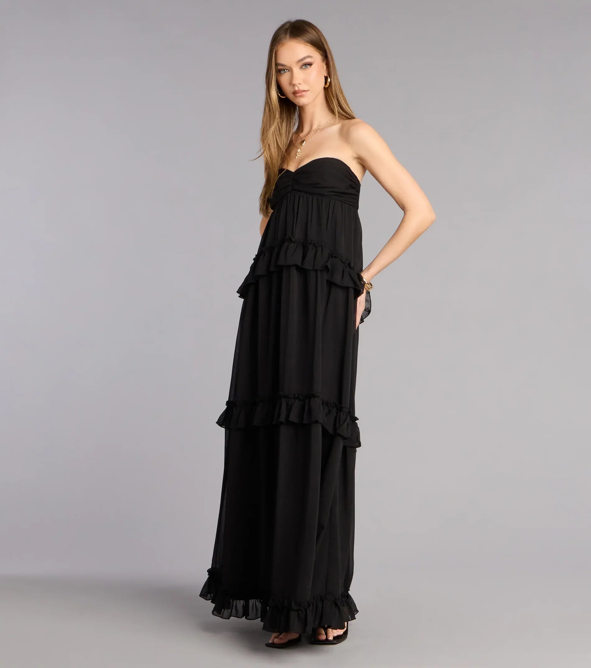 Strapless Sweetheart Tiered Ruffle Chiffon Maxi Wedding Guest Dress