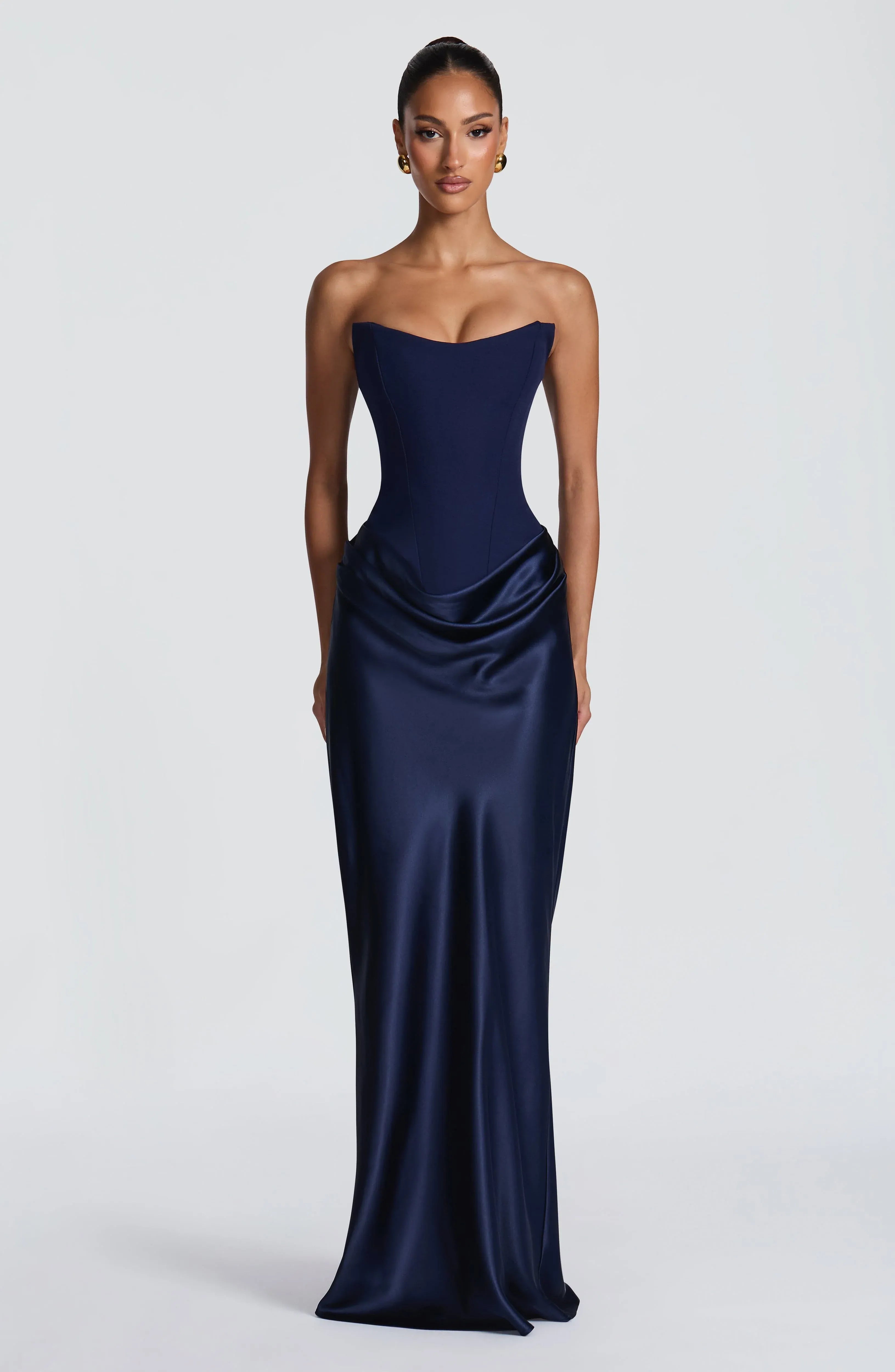 Strapless Sweetheart Tube Neck Two Fabric Draped Waist Mermaid Navy Satin Maxi Wedding Guest Dresses