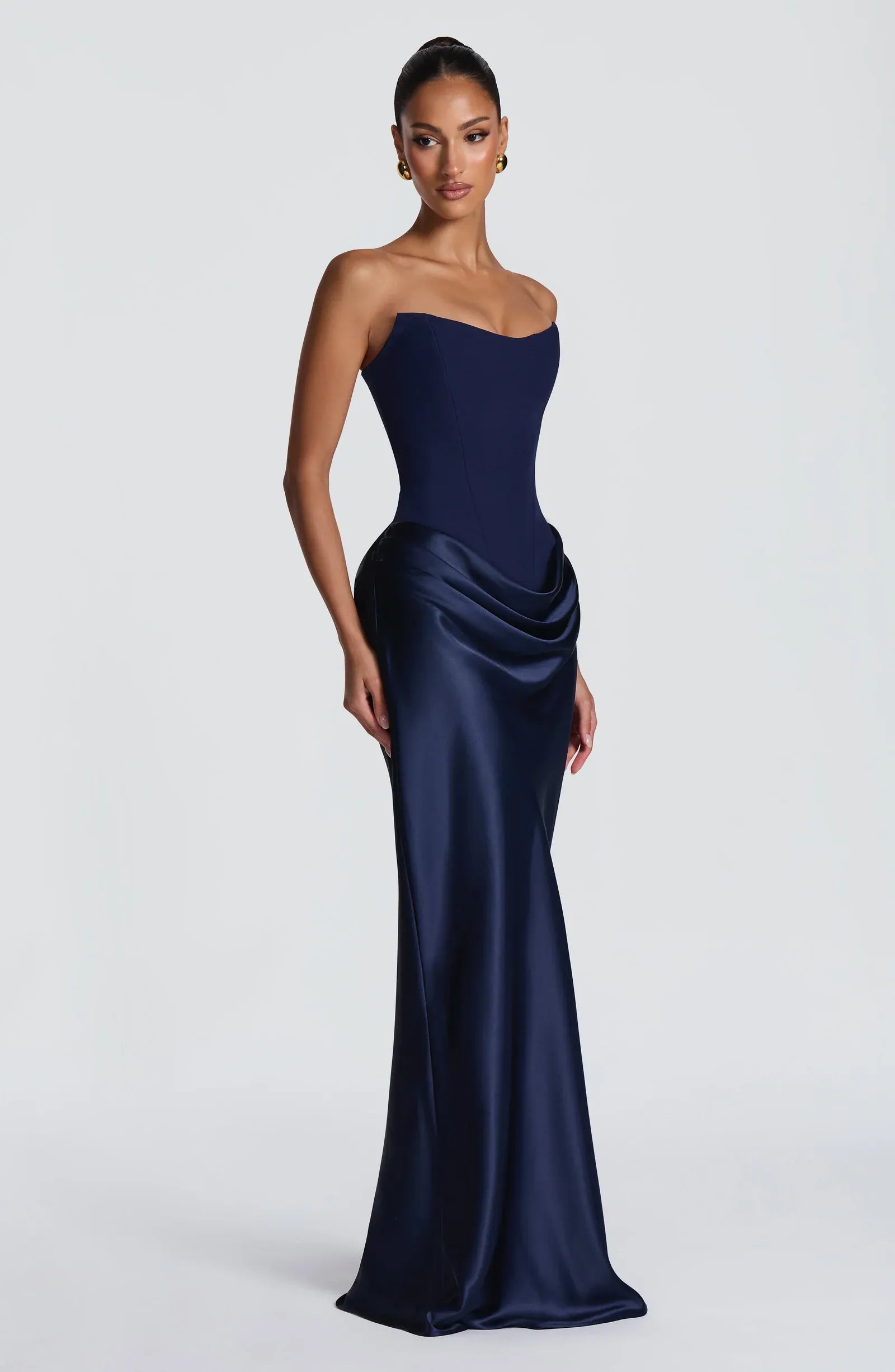 Strapless Sweetheart Tube Neck Two Fabric Draped Waist Mermaid Navy Satin Maxi Wedding Guest Dresses