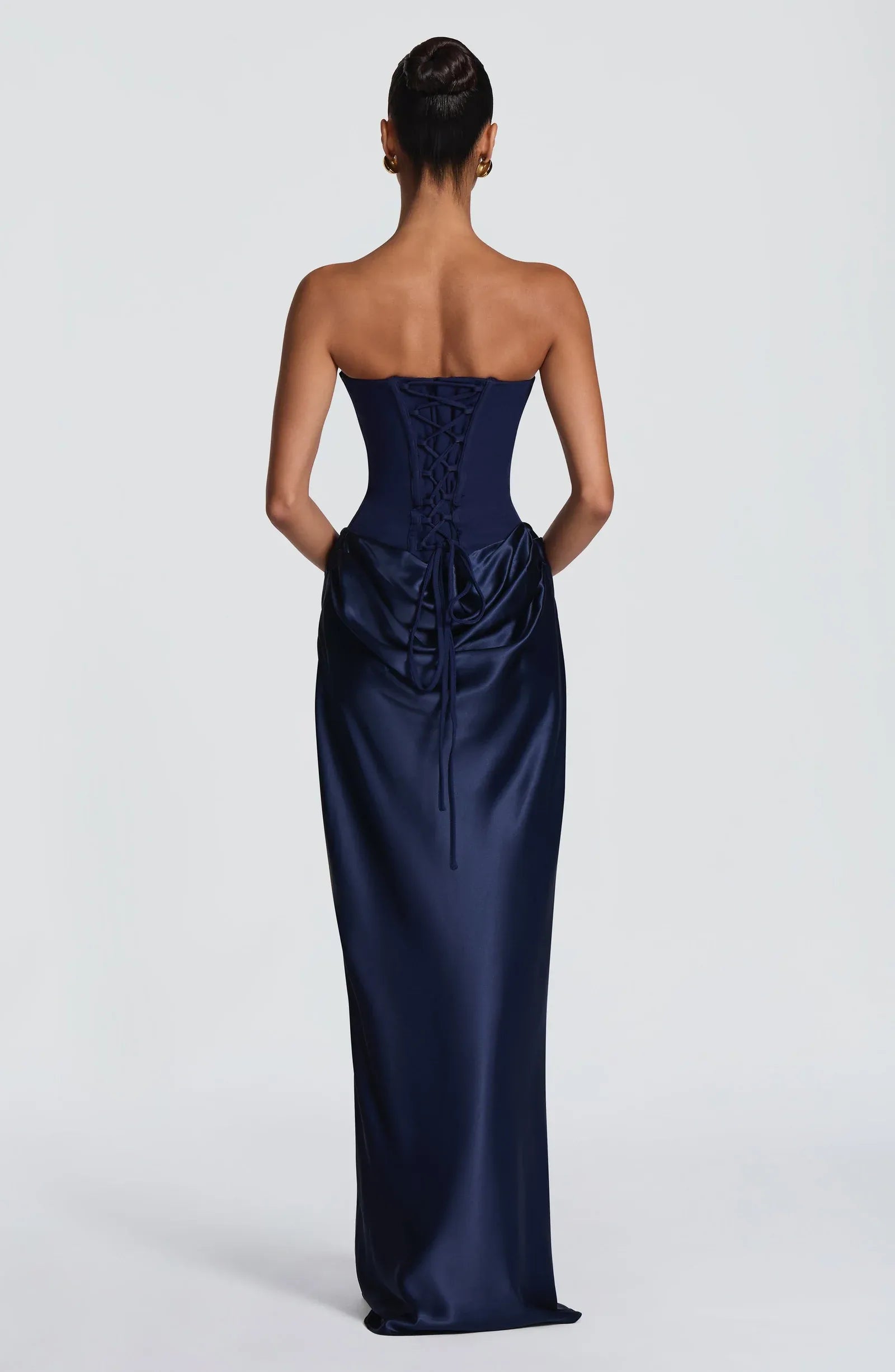 Strapless Sweetheart Tube Neck Two Fabric Draped Waist Mermaid Navy Satin Maxi Wedding Guest Dresses