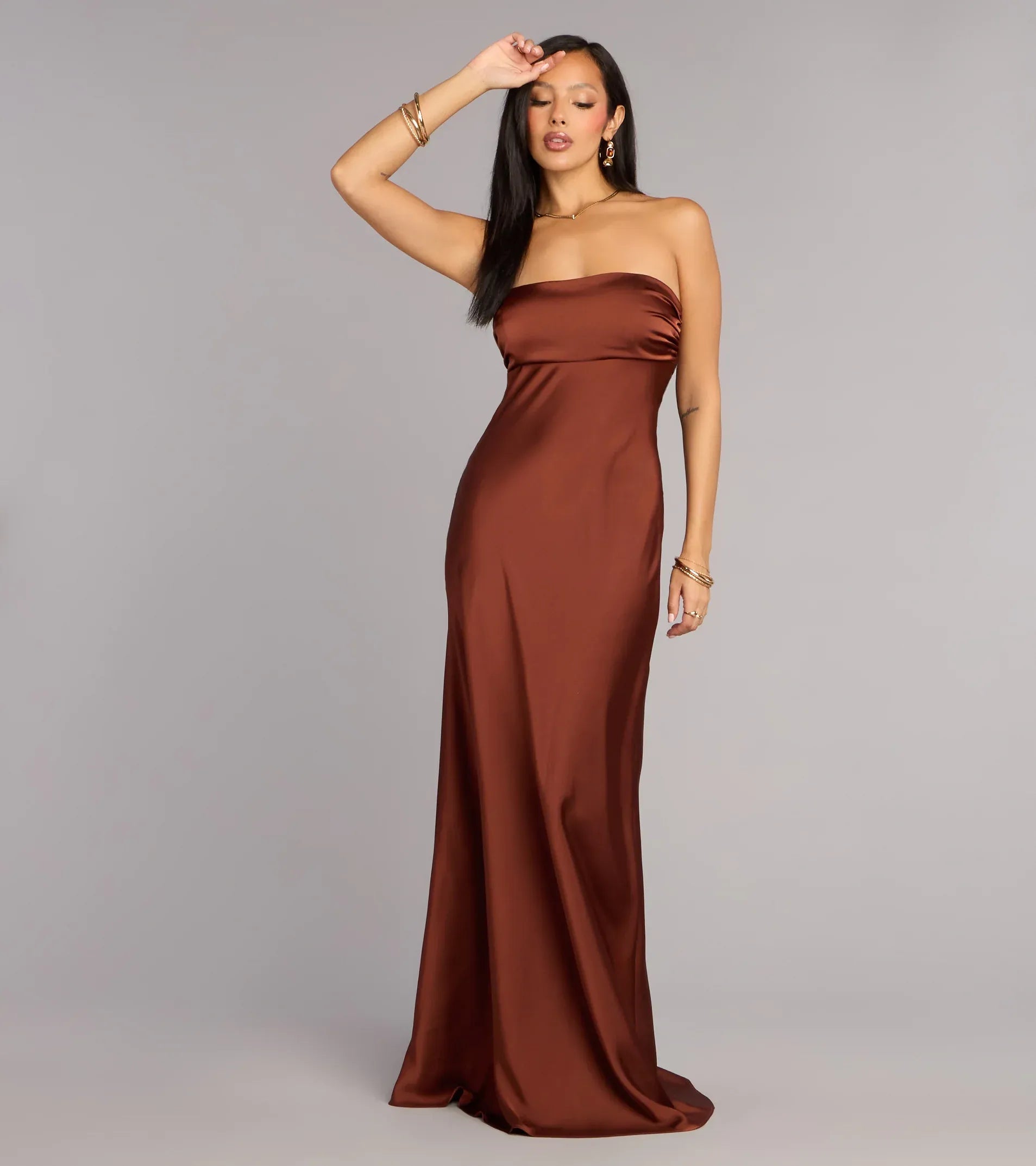 Strapless Tube Back Cutout Self Tie Bow Satin Mermaid Maxi Bridesmaid Dress