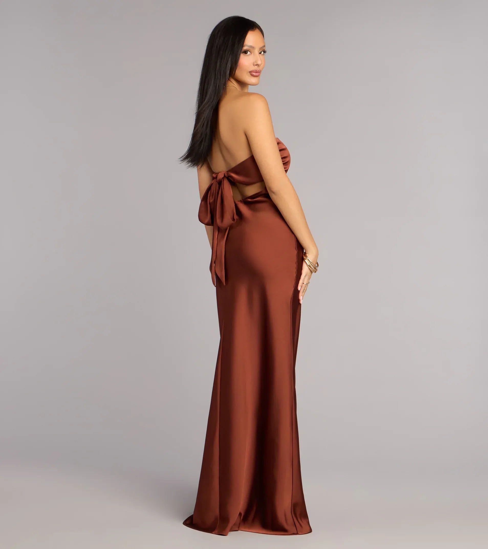 Strapless Tube Back Cutout Self Tie Bow Satin Mermaid Maxi Bridesmaid Dress