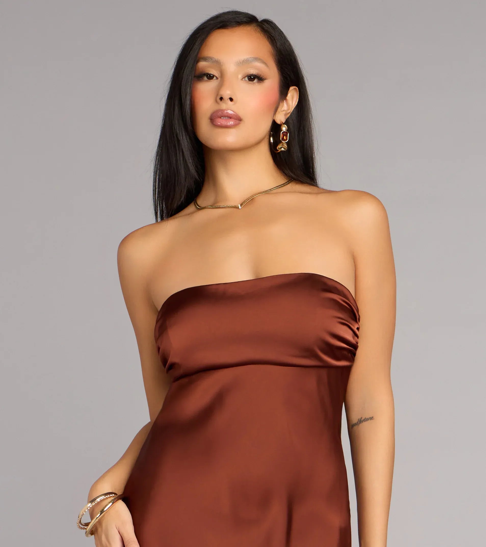 Strapless Tube Back Cutout Self Tie Bow Satin Mermaid Maxi Bridesmaid Dress