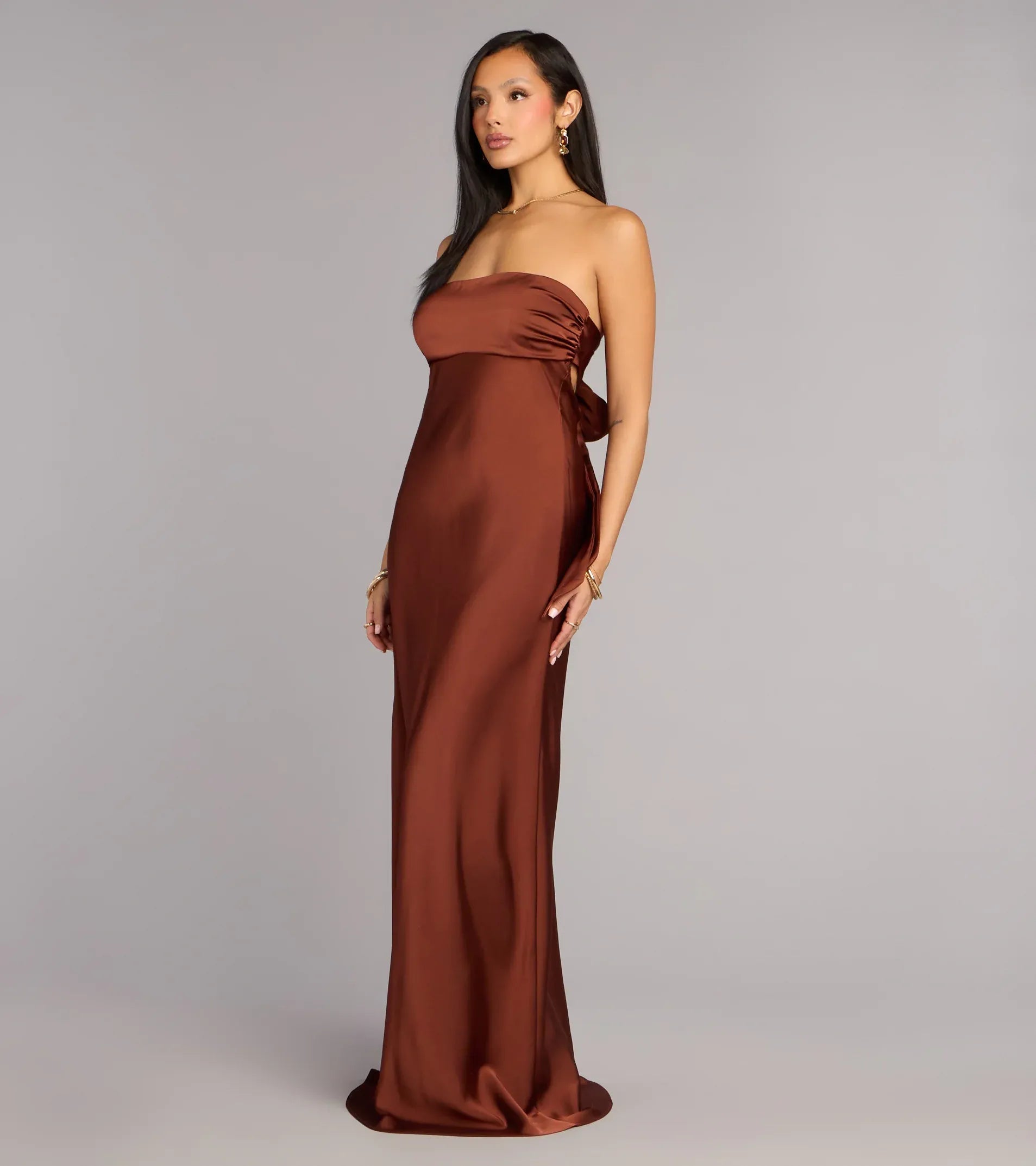 Strapless Tube Back Cutout Self Tie Bow Satin Mermaid Maxi Bridesmaid Dress
