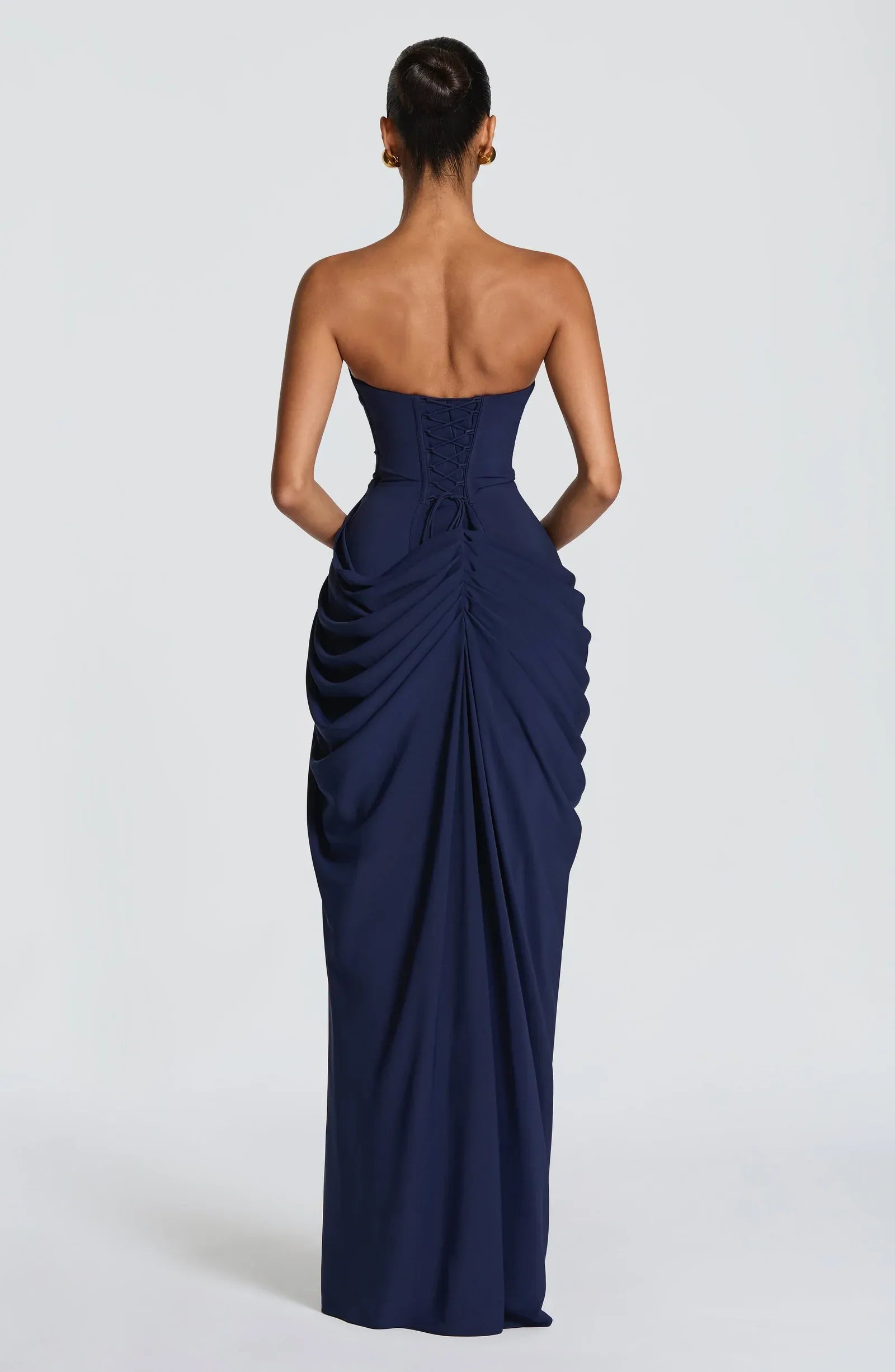 Strapless Tube Bodice Draped Waist High Slit Navy Crepe Mermaid Maxi Wedding Guest Dresses
