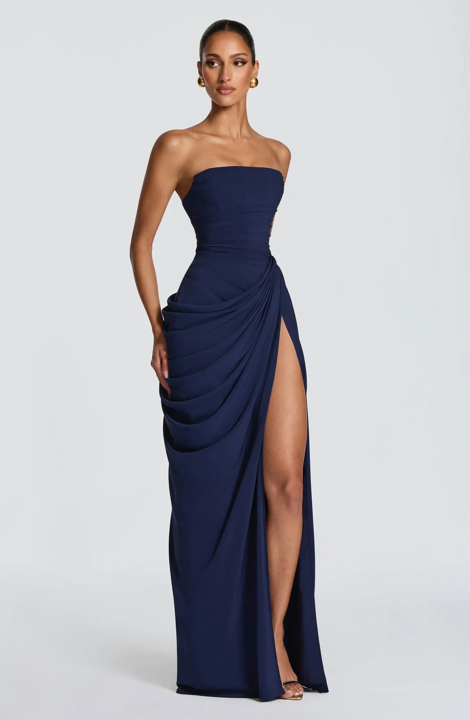 Strapless Tube Bodice Draped Waist High Slit Navy Crepe Mermaid Maxi Wedding Guest Dresses
