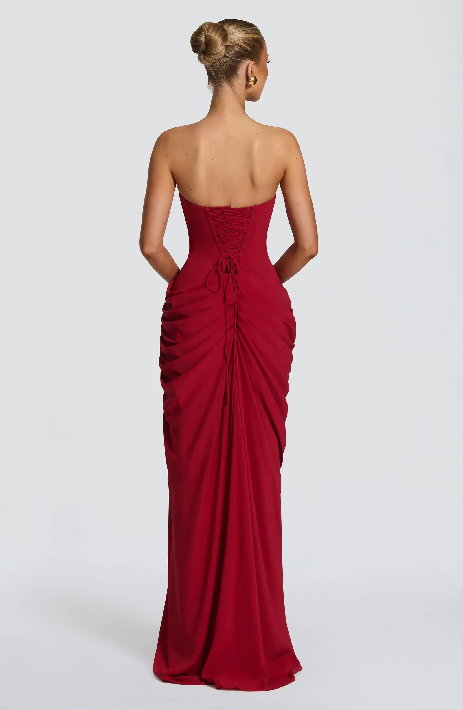 Strapless Tube Bodice Draped Waist High Slit Red Crepe Mermaid Maxi Wedding Guest Dresses