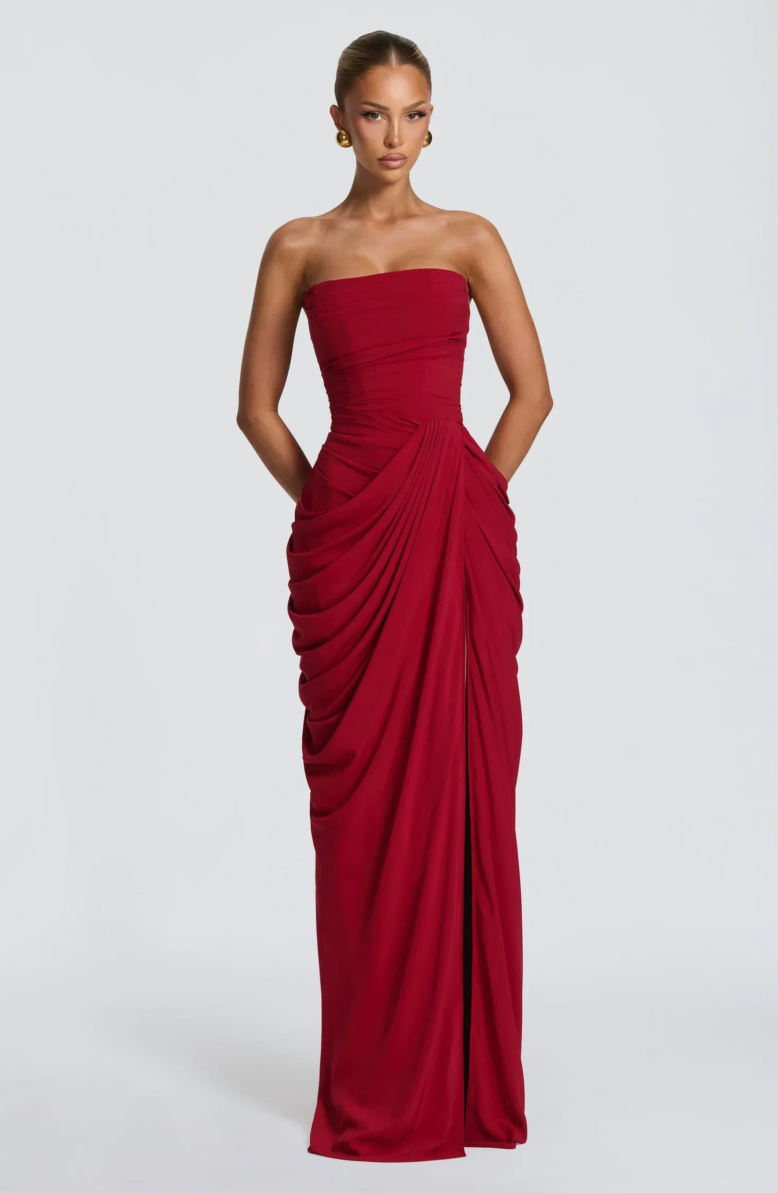 Strapless Tube Bodice Draped Waist High Slit Red Crepe Mermaid Maxi Wedding Guest Dresses
