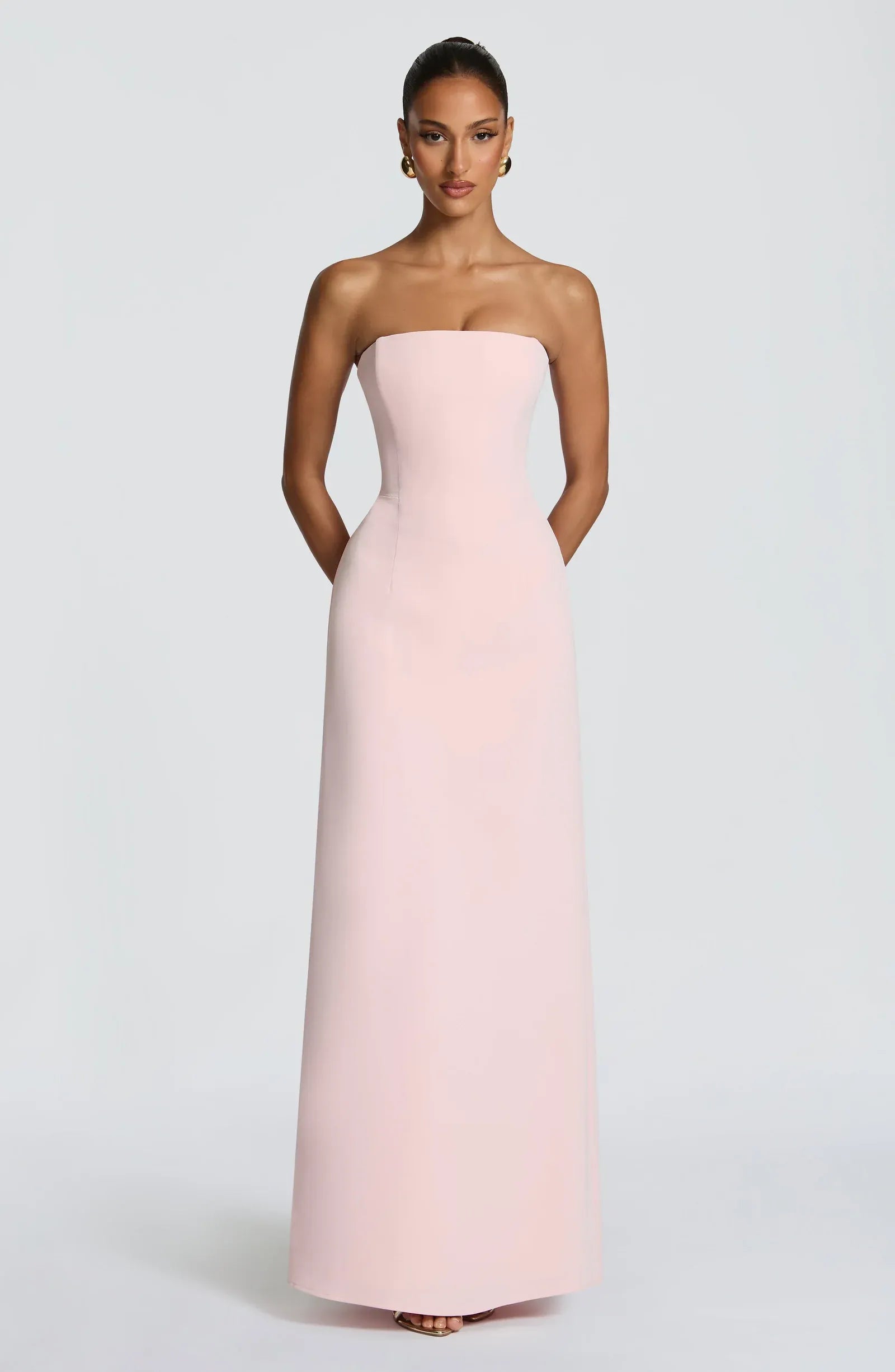 Strapless Tube Corset Back Slit Blush Pink Crepe Mermaid Maxi Wedding Guest Dresses