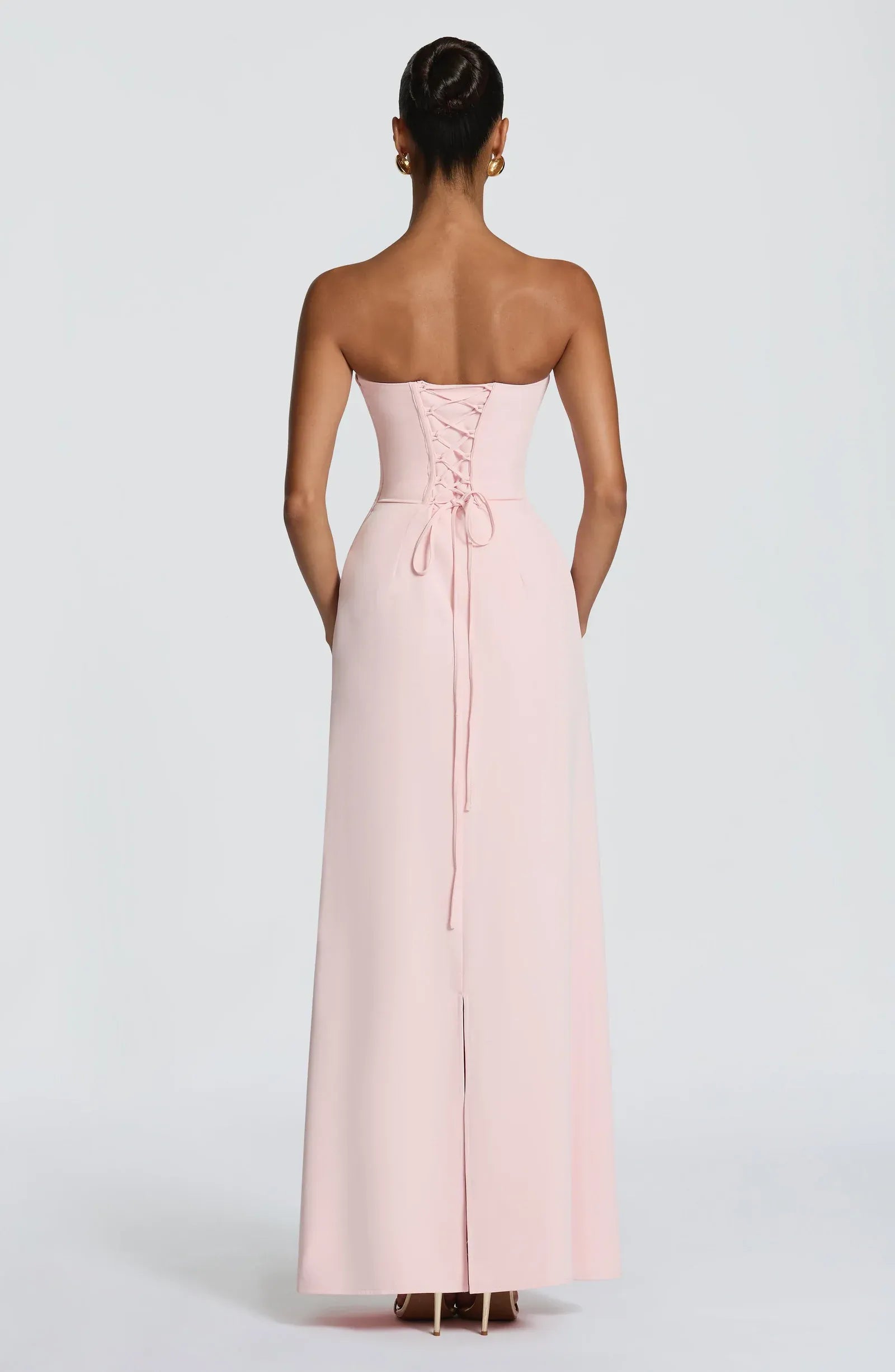 Strapless Tube Corset Back Slit Blush Pink Crepe Mermaid Maxi Wedding Guest Dresses