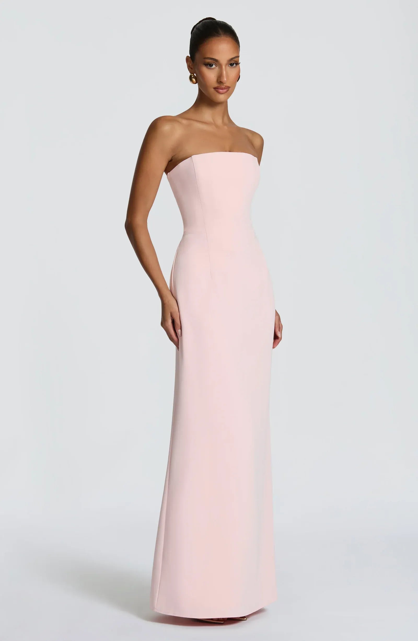 Strapless Tube Corset Back Slit Blush Pink Crepe Mermaid Maxi Wedding Guest Dresses