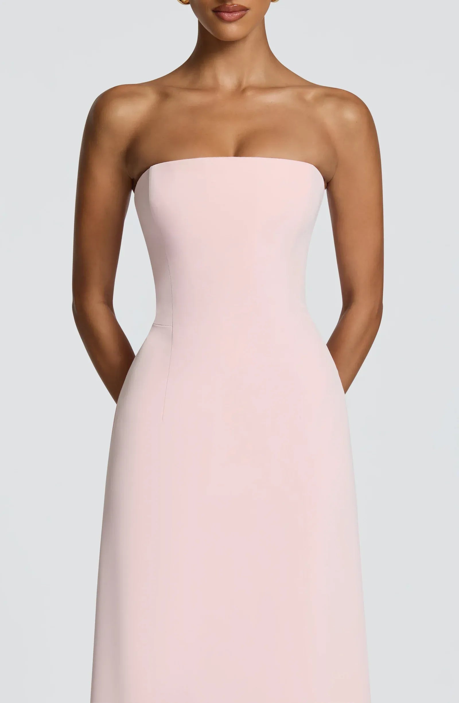 Strapless Tube Corset Back Slit Blush Pink Crepe Mermaid Maxi Wedding Guest Dresses