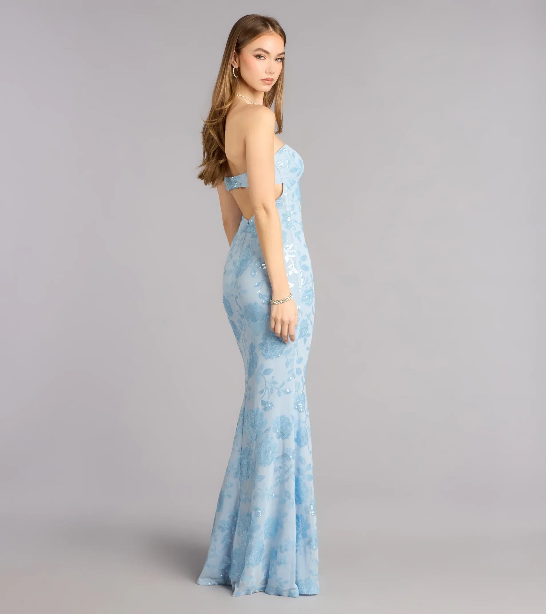 Strapless Tube Floral Sequin Mesh Side Cutout High Slit Mermaid Maxi Wedding Guest Dress