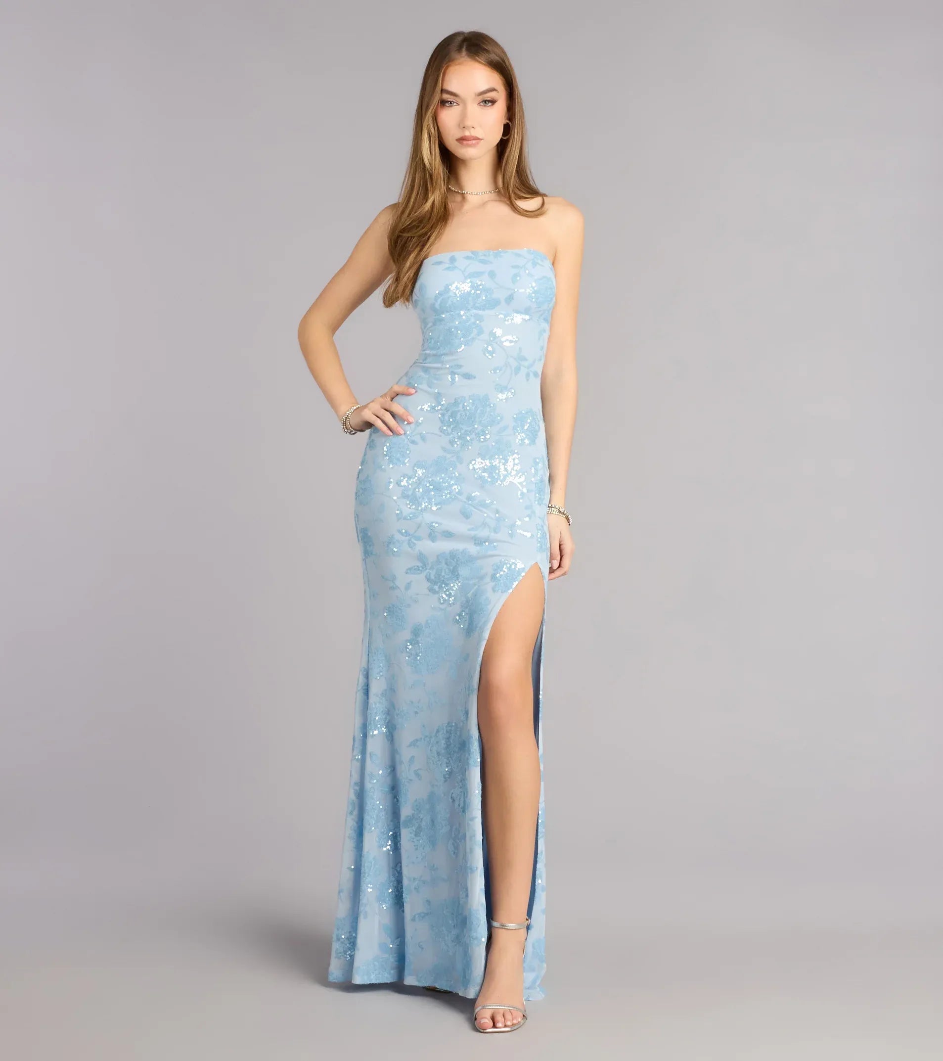 Strapless Tube Floral Sequin Mesh Side Cutout High Slit Mermaid Maxi Wedding Guest Dress