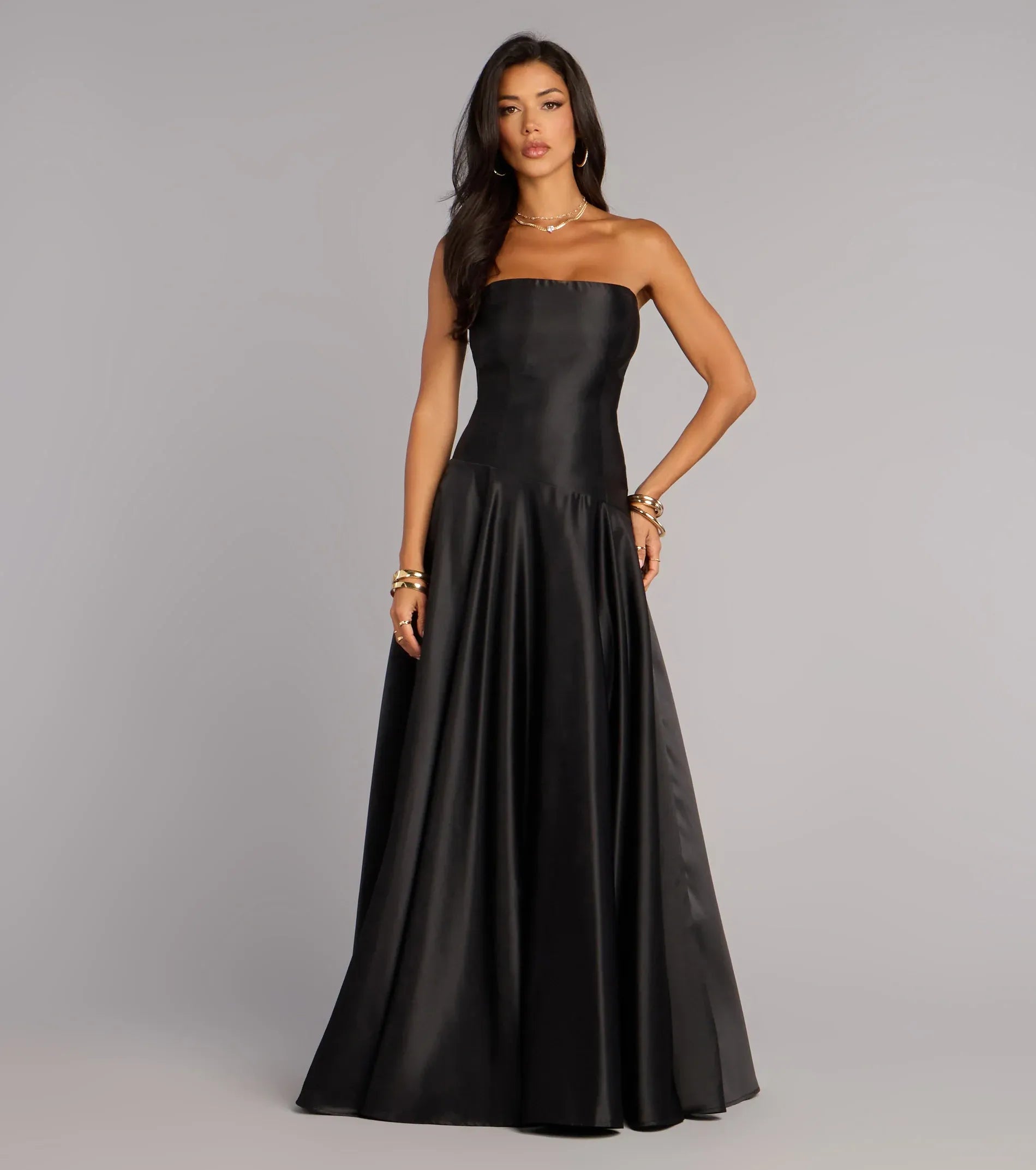 Strapless Tube High Waist Flared A Line Satin Maxi Wedding Guest Dress