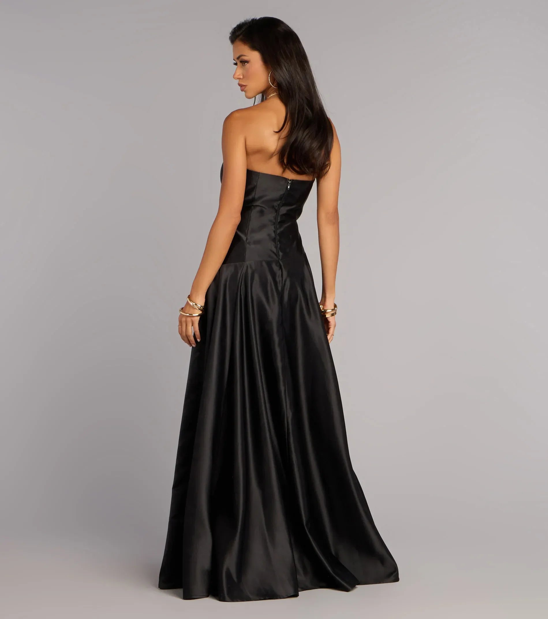 Strapless Tube High Waist Flared A Line Satin Maxi Wedding Guest Dress