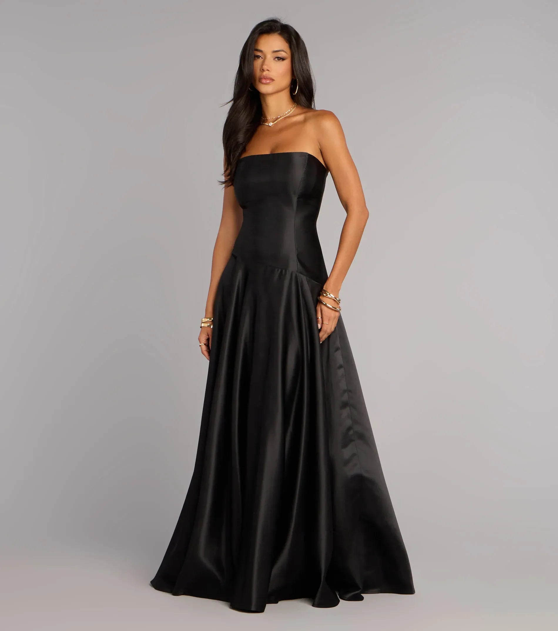 Strapless Tube High Waist Flared A Line Satin Maxi Wedding Guest Dress