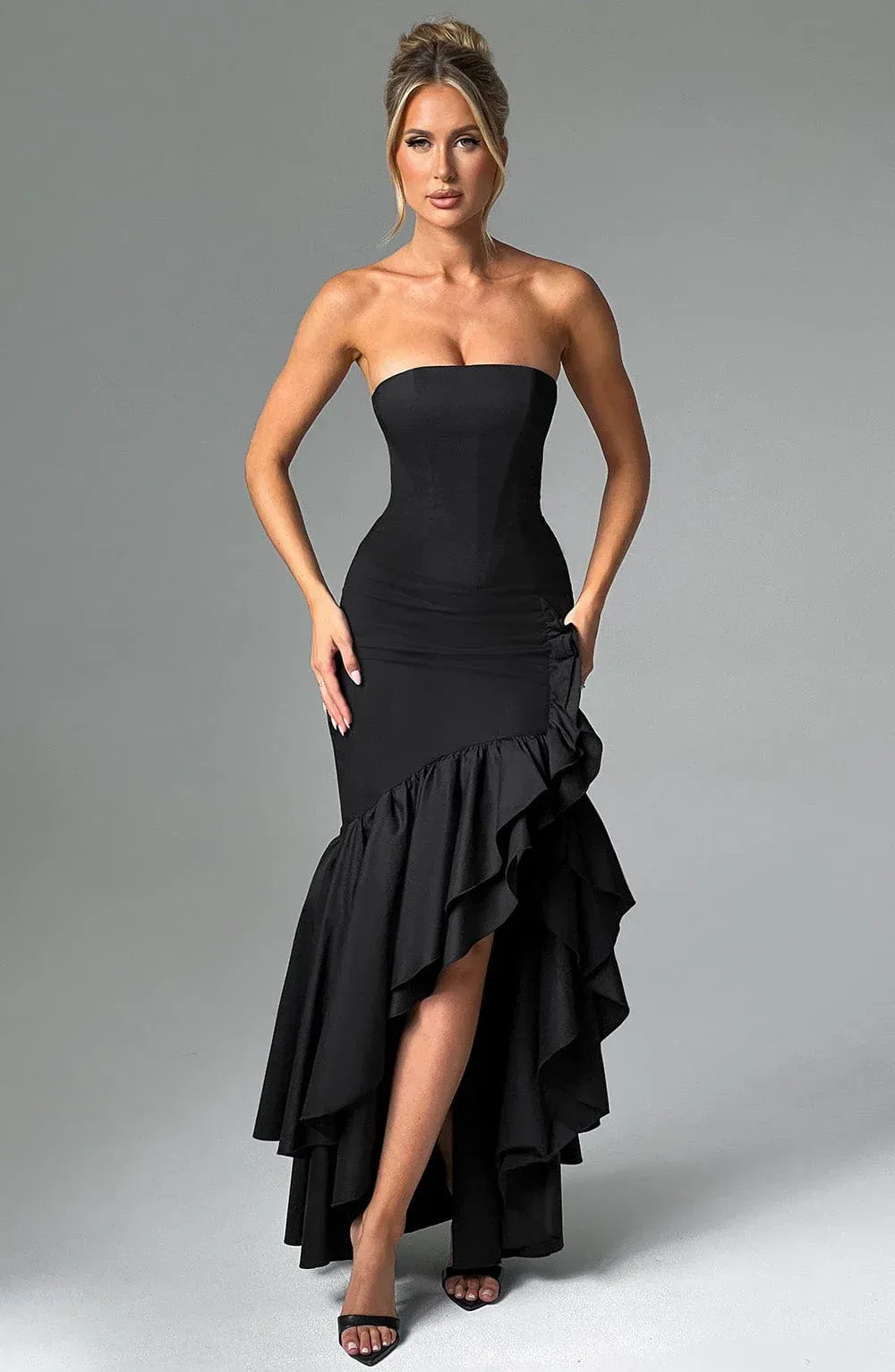 Strapless Tube Neck Asymmetrical Ruffle High Slit Black Crepe Maxi Wedding Guest Dresses