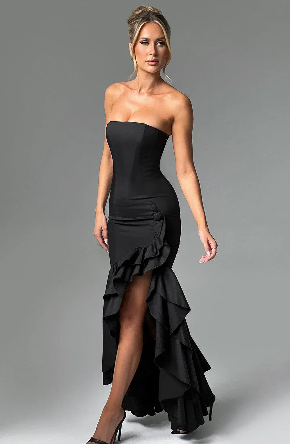 Strapless Tube Neck Asymmetrical Ruffle High Slit Black Crepe Maxi Wedding Guest Dresses