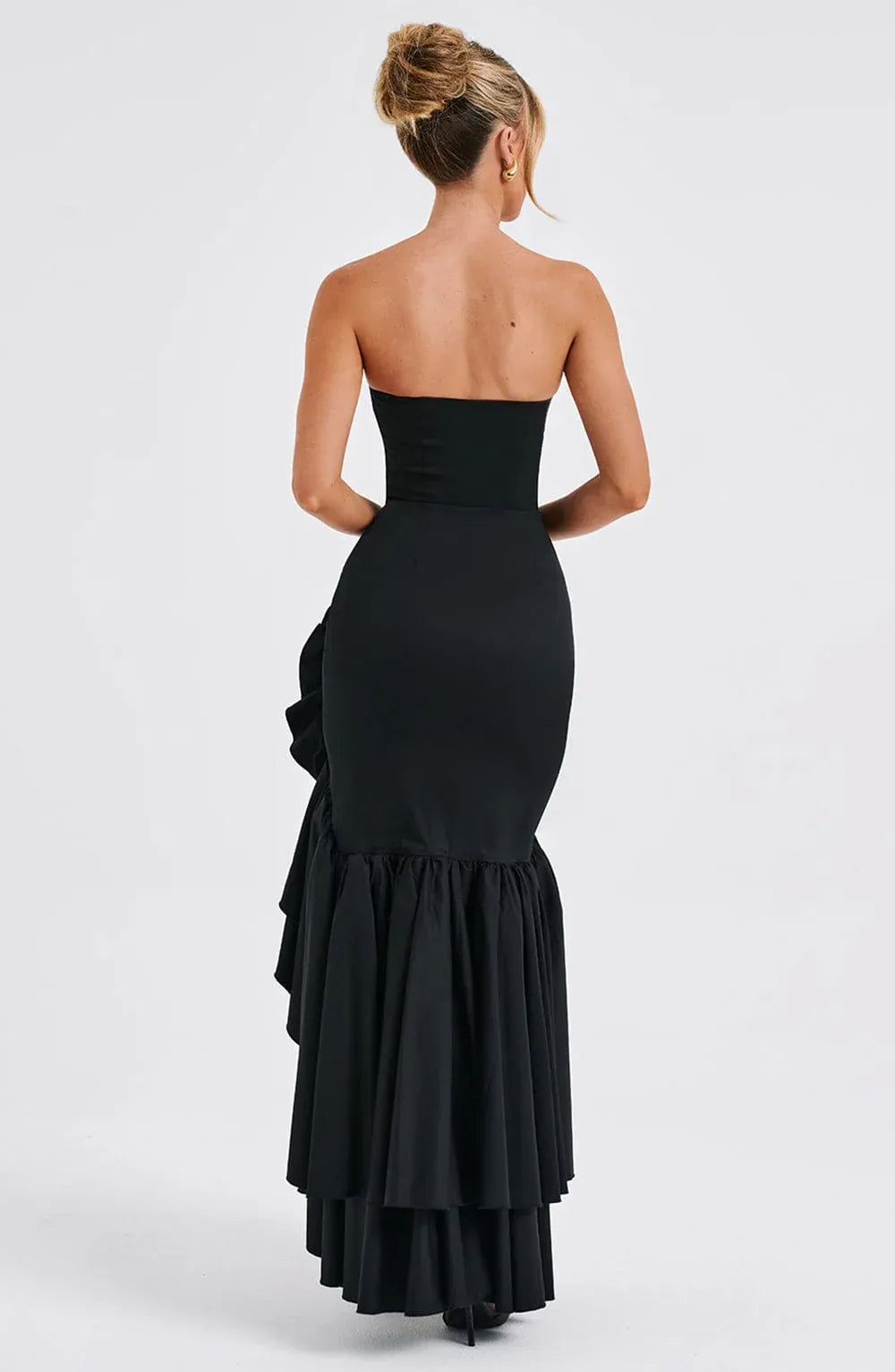 Strapless Tube Neck Asymmetrical Ruffle High Slit Black Crepe Maxi Wedding Guest Dresses