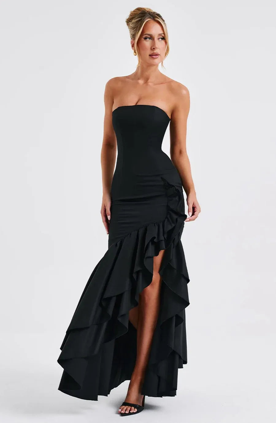 Strapless Tube Neck Asymmetrical Ruffle High Slit Black Crepe Maxi Wedding Guest Dresses
