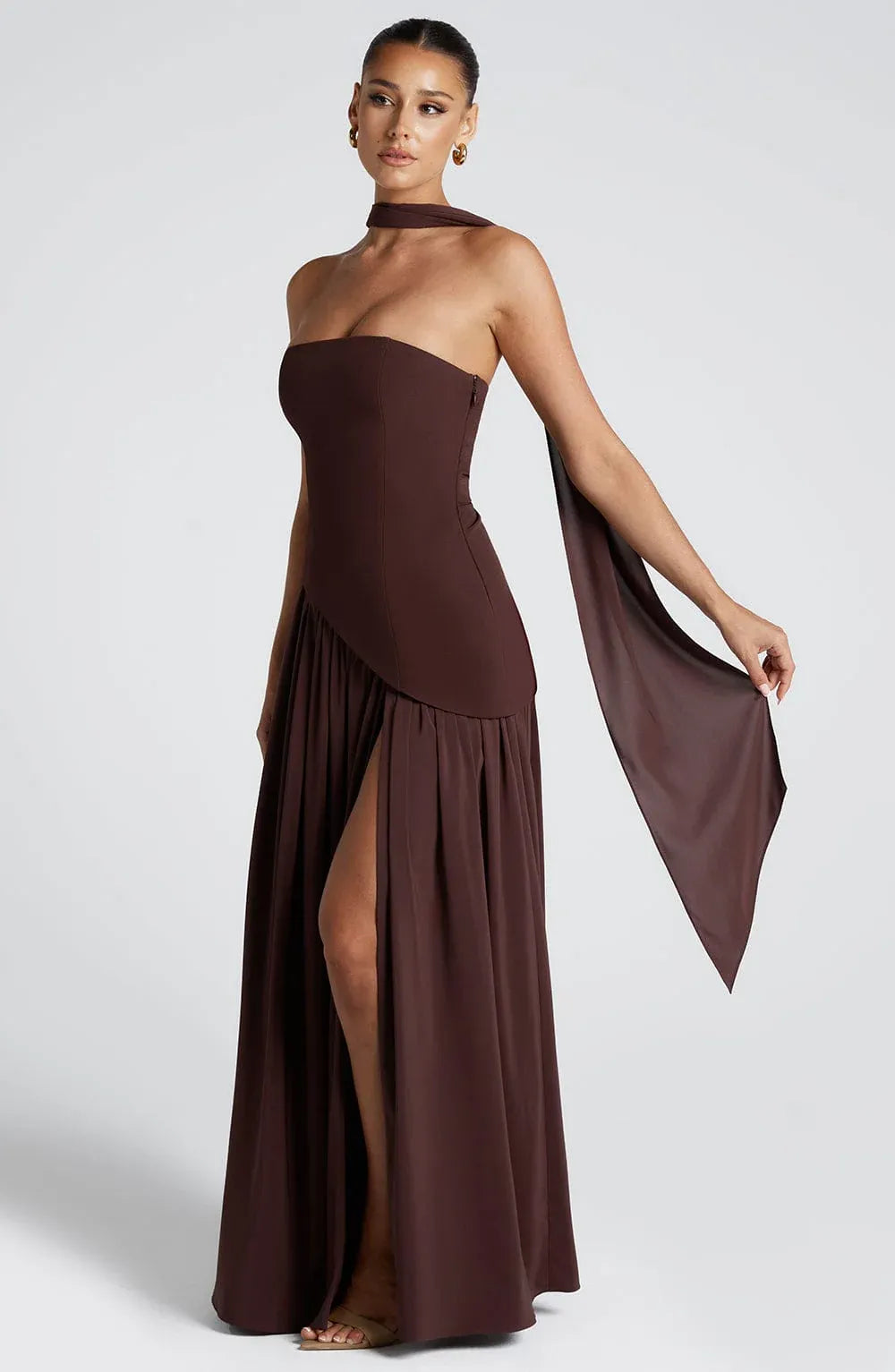 Strapless Tube Neck Choker Sash Asymmetrical Corset High Slit Dark Brown Two Fabric A Line Maxi Wedding Guest Dresses
