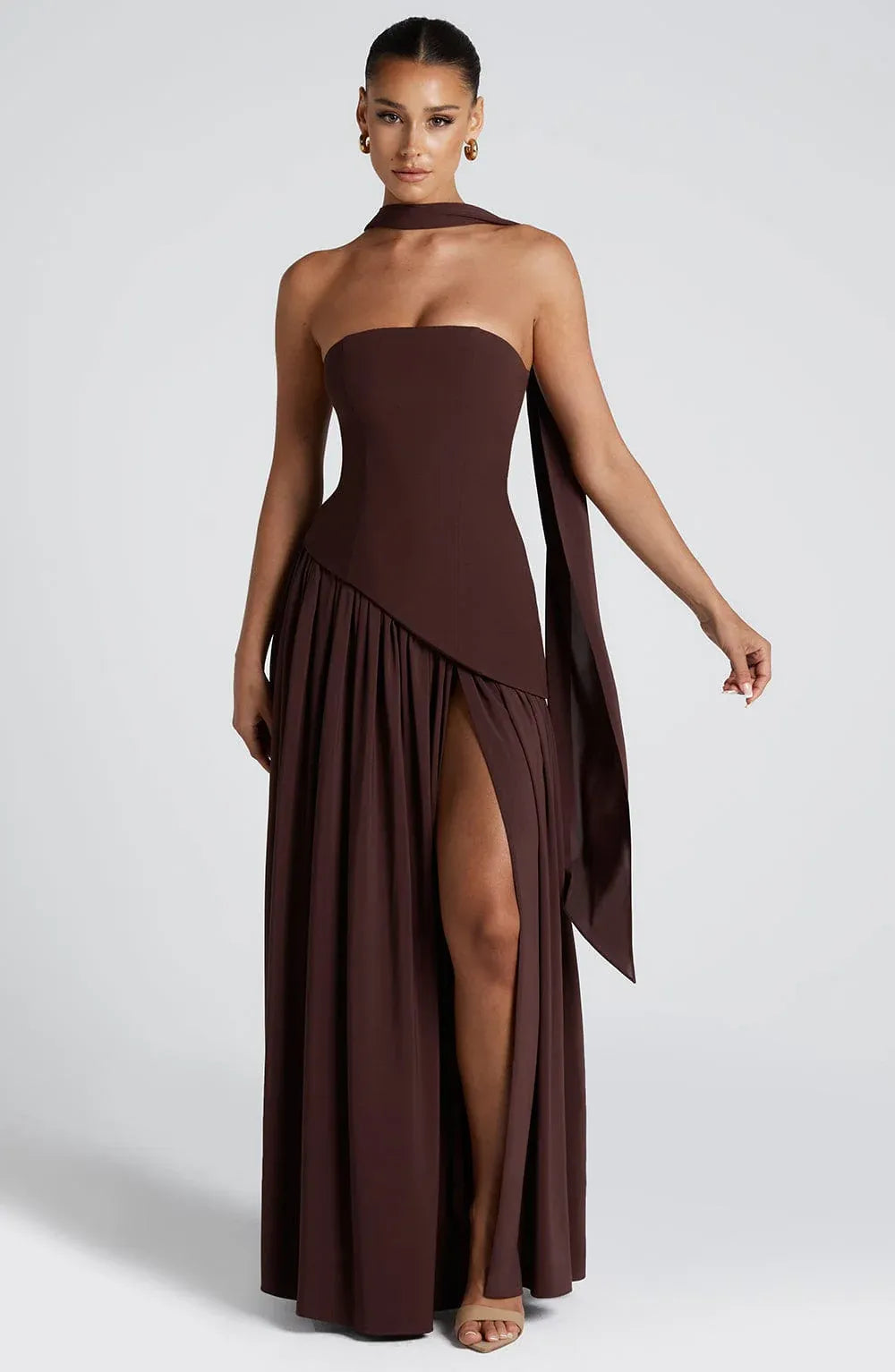 Strapless Tube Neck Choker Sash Asymmetrical Corset High Slit Dark Brown Two Fabric A Line Maxi Wedding Guest Dresses