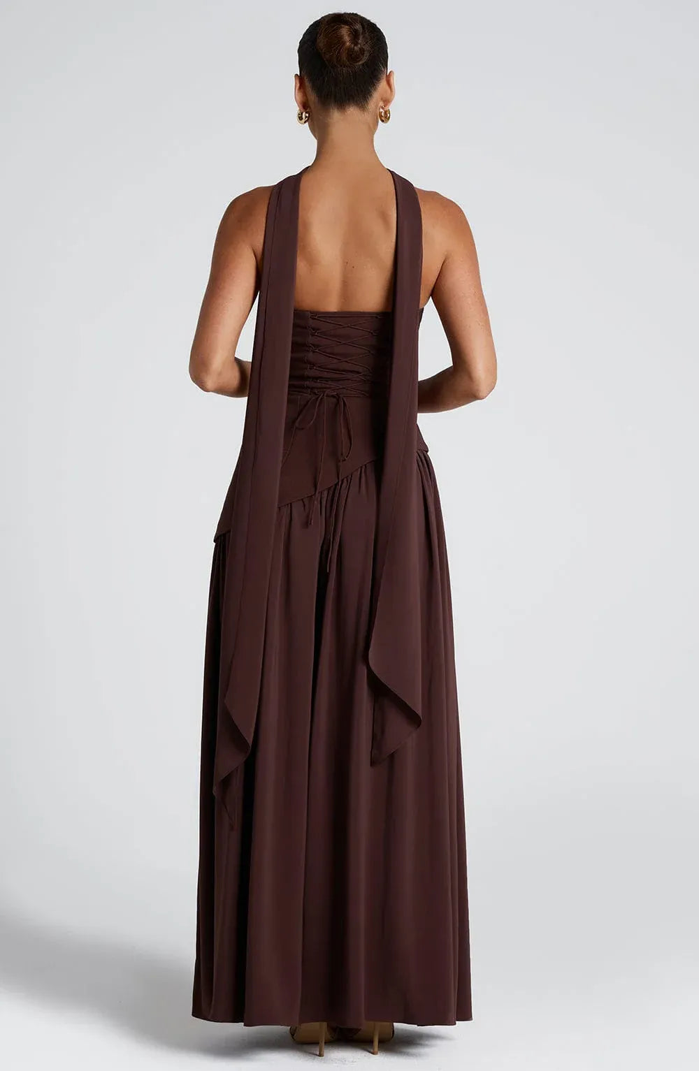 Strapless Tube Neck Choker Sash Asymmetrical Corset High Slit Dark Brown Two Fabric A Line Maxi Wedding Guest Dresses