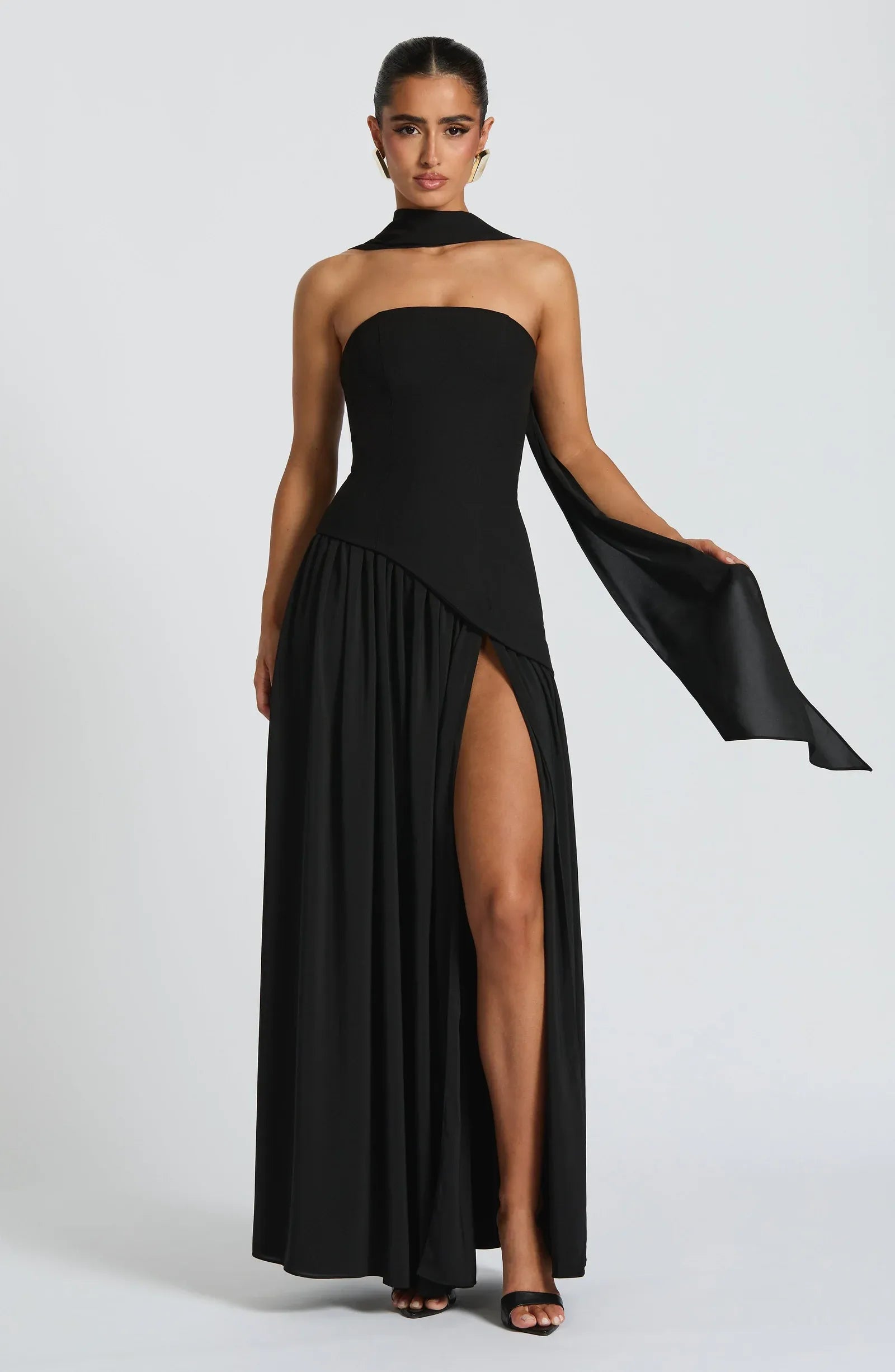 Strapless Tube Neck Choker Sash Cross Lace Up High Slit Two-Tier Black Crepe Maxi Wedding Guest Dresses