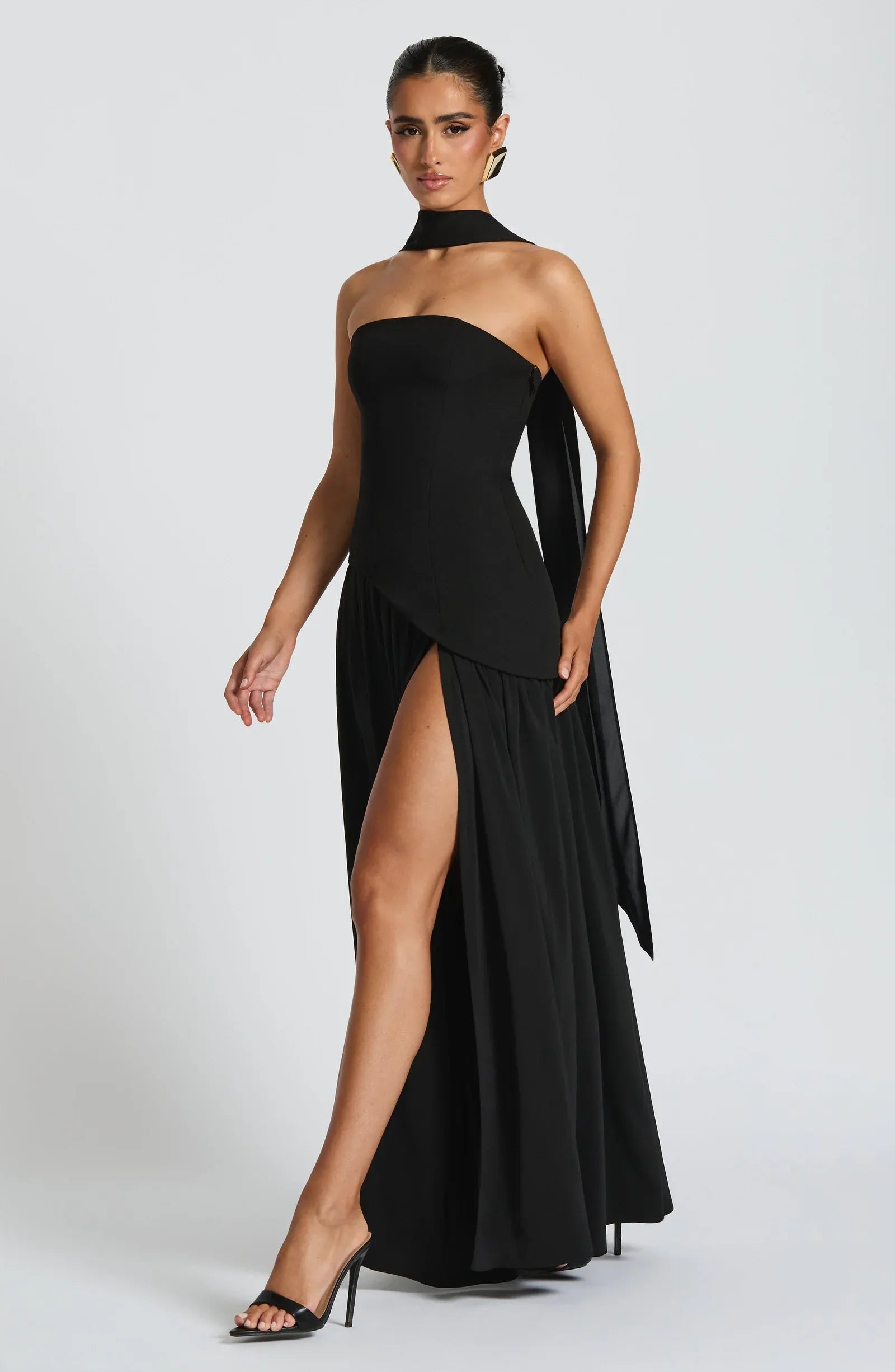 Strapless Tube Neck Choker Sash Cross Lace Up High Slit Two-Tier Black Crepe Maxi Wedding Guest Dresses